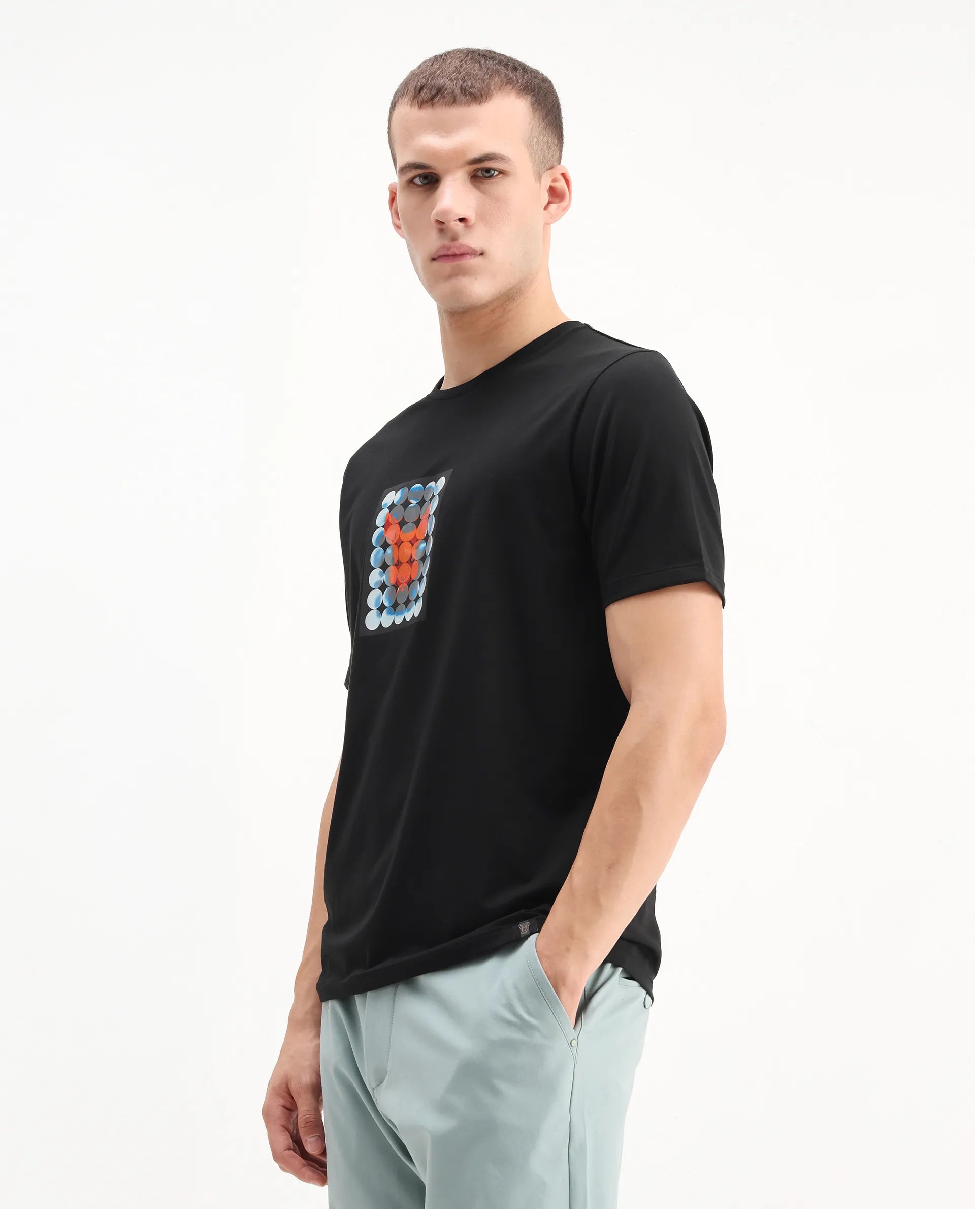 Rare Rabbit Men's Locon Black Cotton Blend Graphic Print Regular Fit Half Sleeve Crew Neck T-Shirt