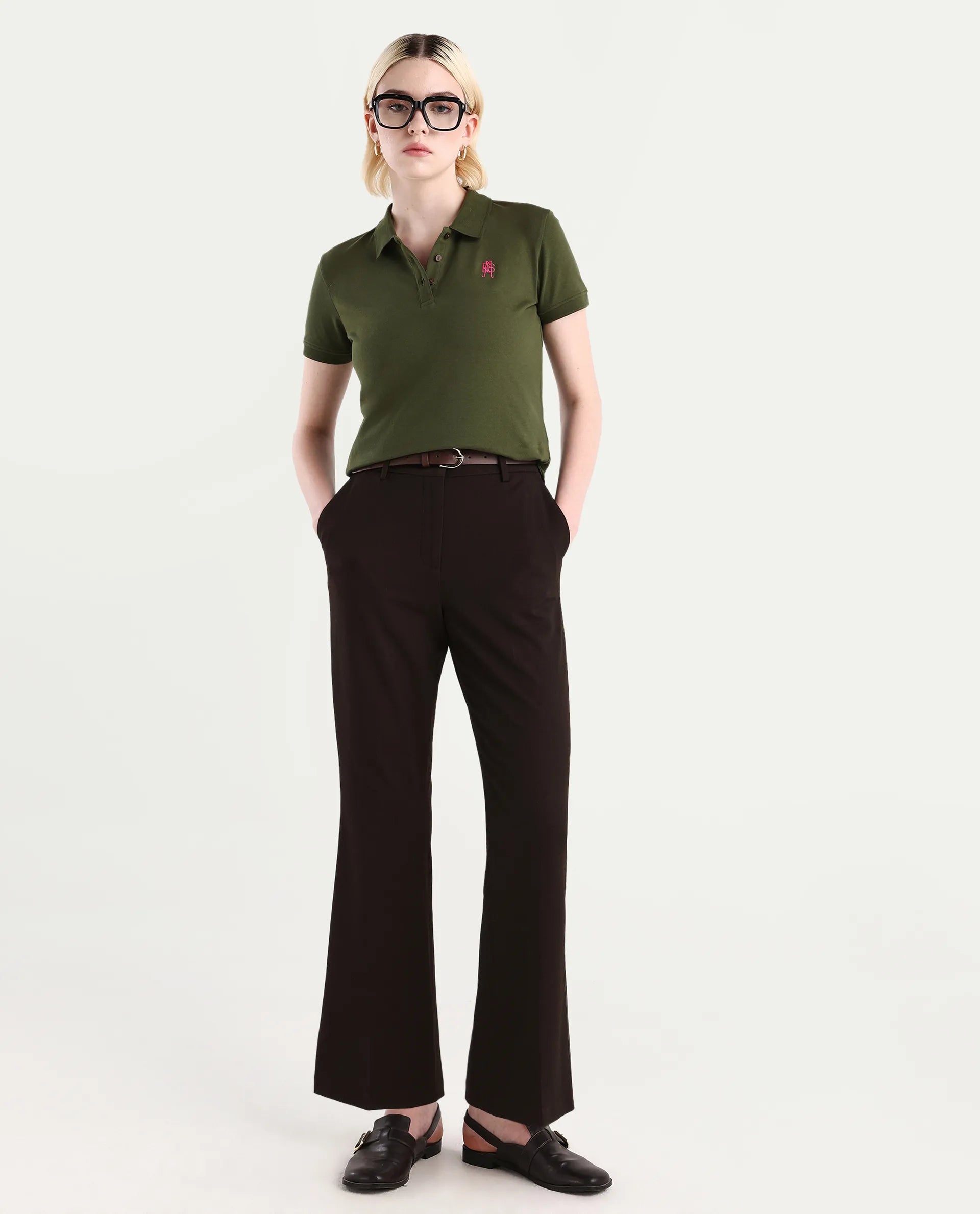 Rareism Women's Logan Dark Olive Cotton Blend Polo Neck Plain Regular Fit Polo