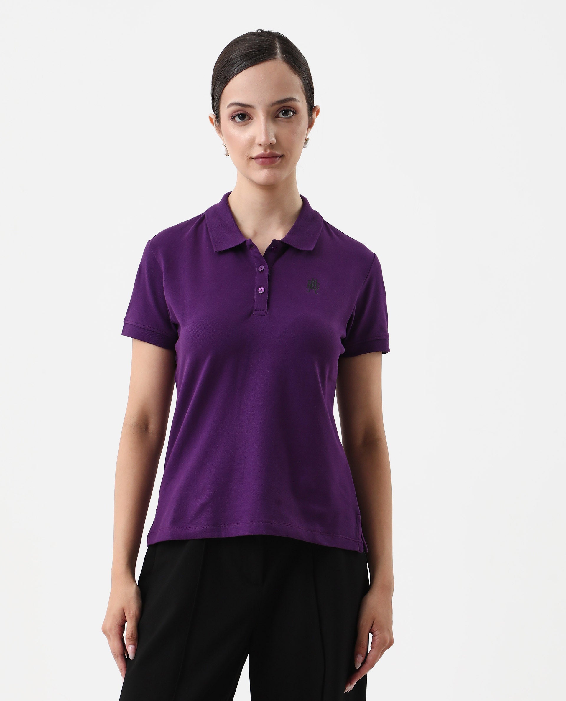 Rareism Women's Logan Purple Cotton Blend Polo Neck Plain Regular Fit