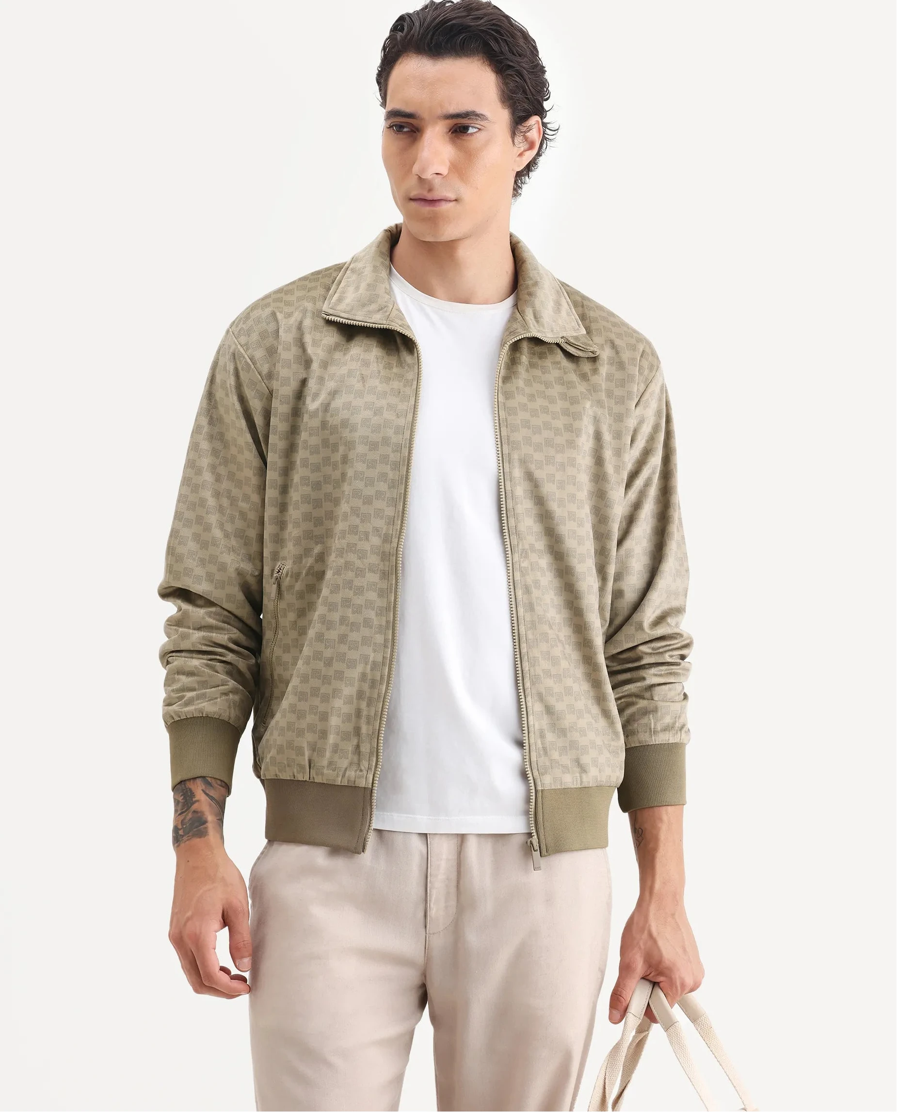 Rare Rabbit Men's Log Beige Polyester Blend Fabric Spread Collar Regular Fit Graphic Print Jacket