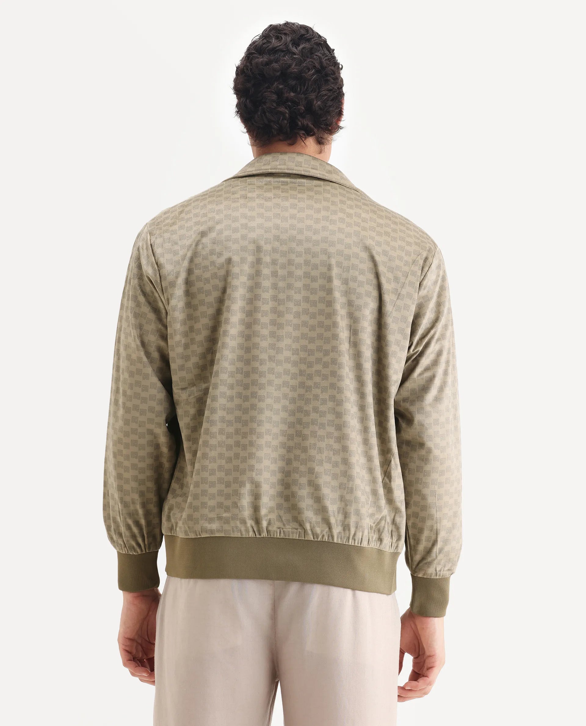 Rare Rabbit Men's Log Beige Polyester Blend Fabric Spread Collar Regular Fit Graphic Print Jacket