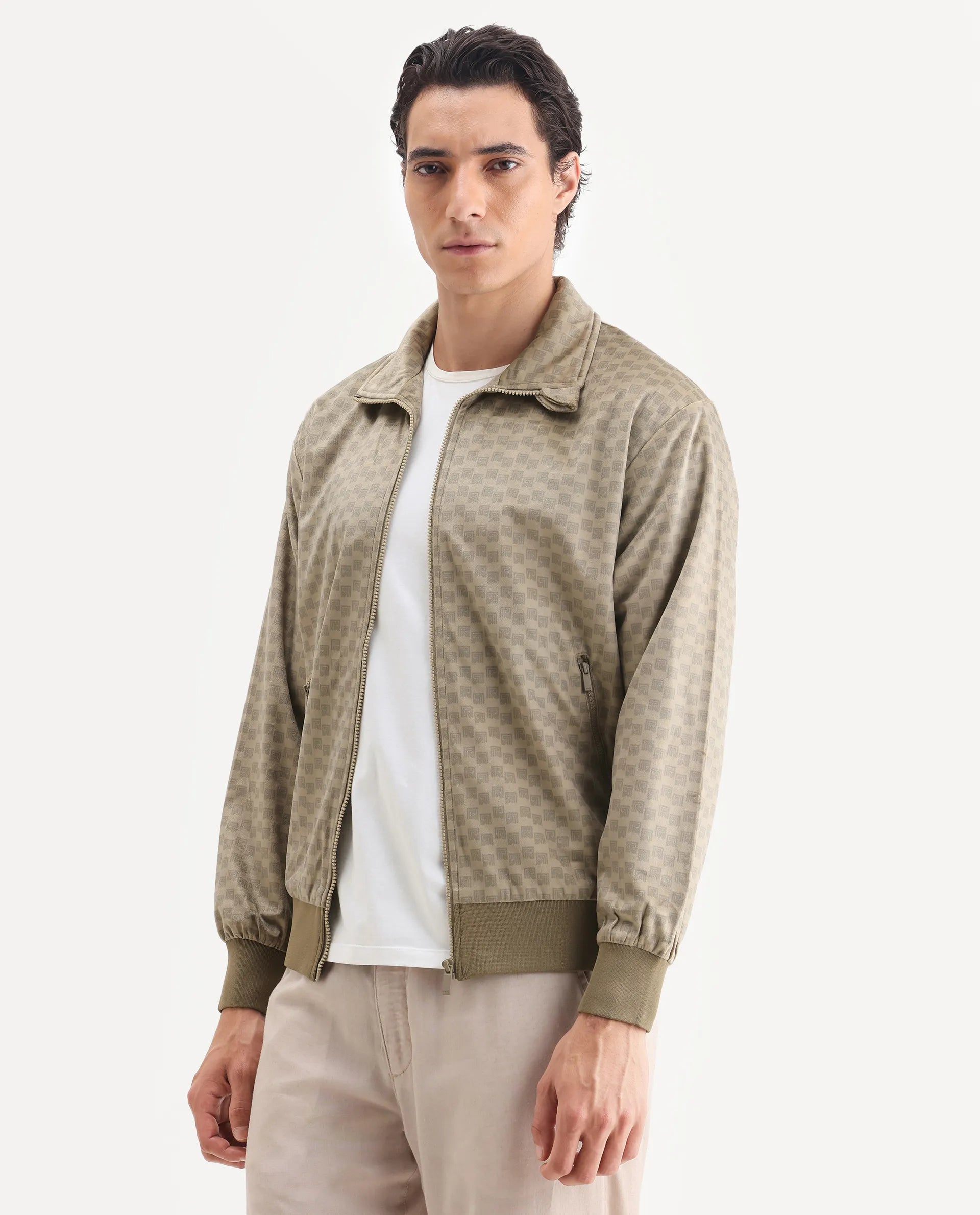 Rare Rabbit Men's Log Beige Polyester Blend Fabric Spread Collar Regular Fit Graphic Print Jacket