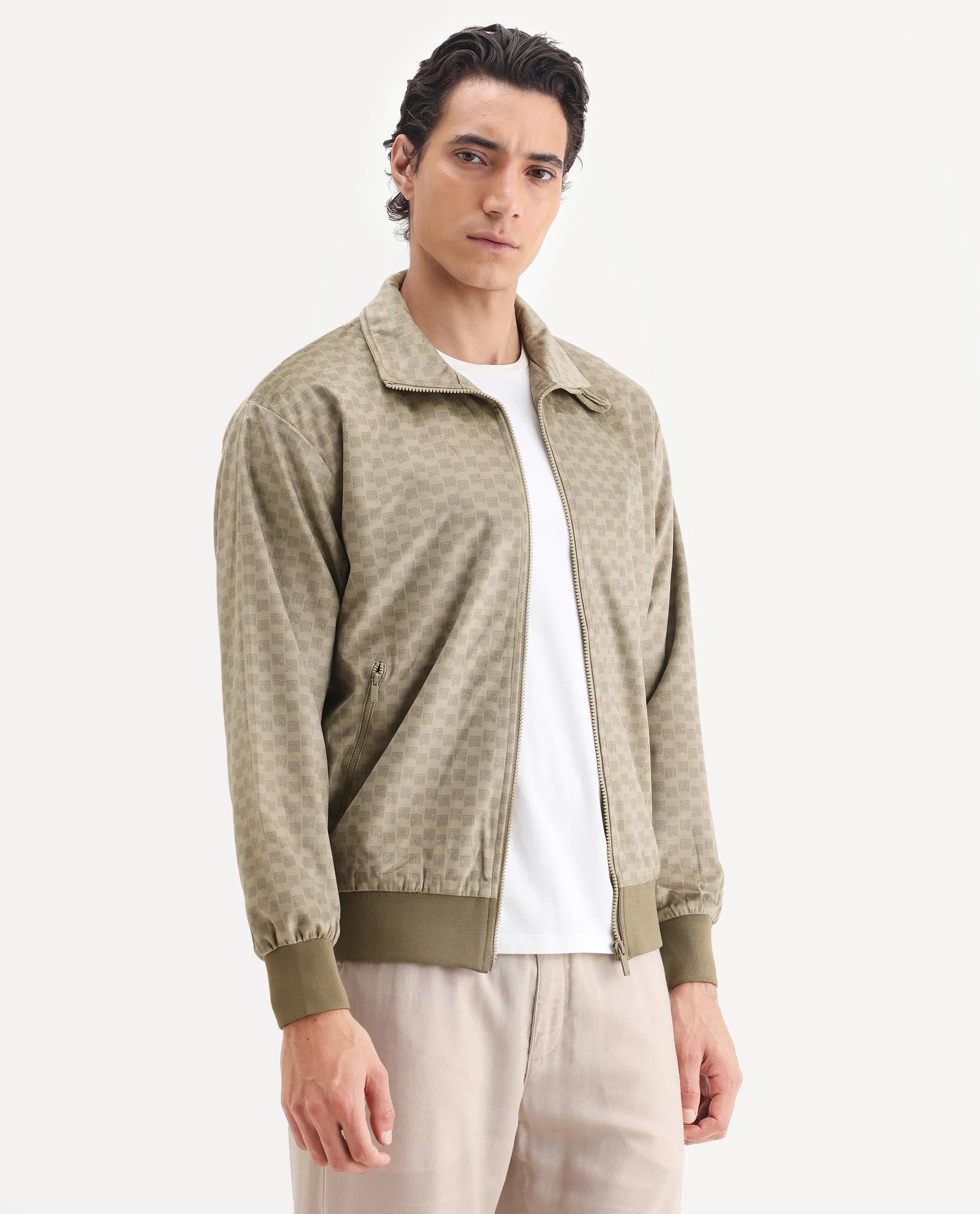 Rare Rabbit Men's Log Beige Polyester Blend Fabric Spread Collar Regular Fit Graphic Print Jacket