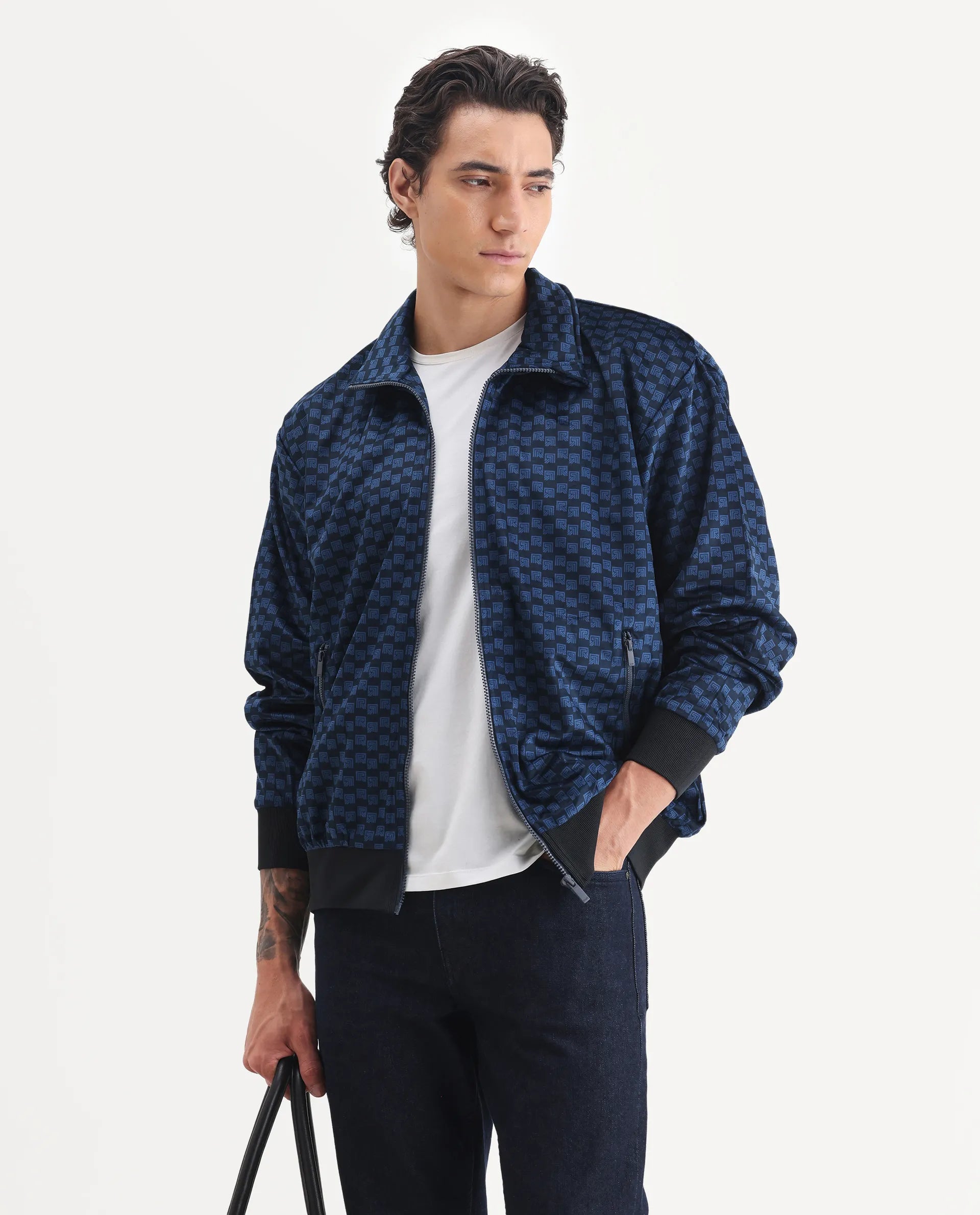 Rare Rabbit Men's Log Blue Polyester Blend Fabric Spread Collar Regular Fit Graphic Print Jacket