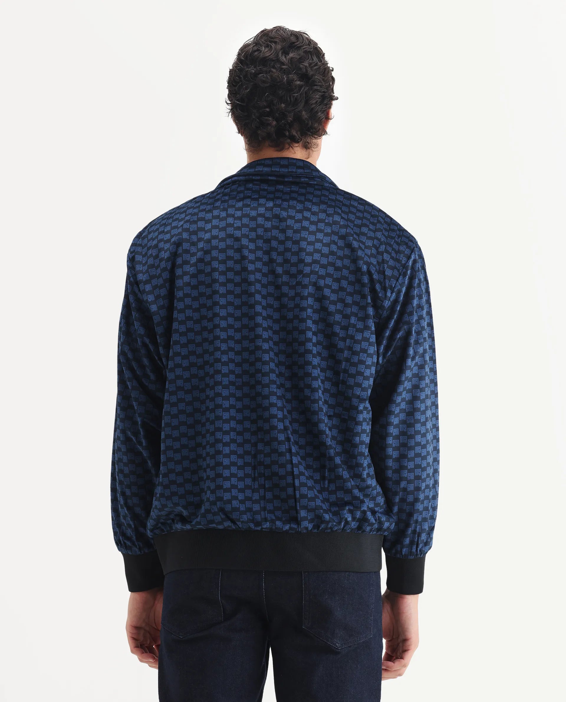 Rare Rabbit Men's Log Blue Polyester Blend Fabric Spread Collar Regular Fit Graphic Print Jacket