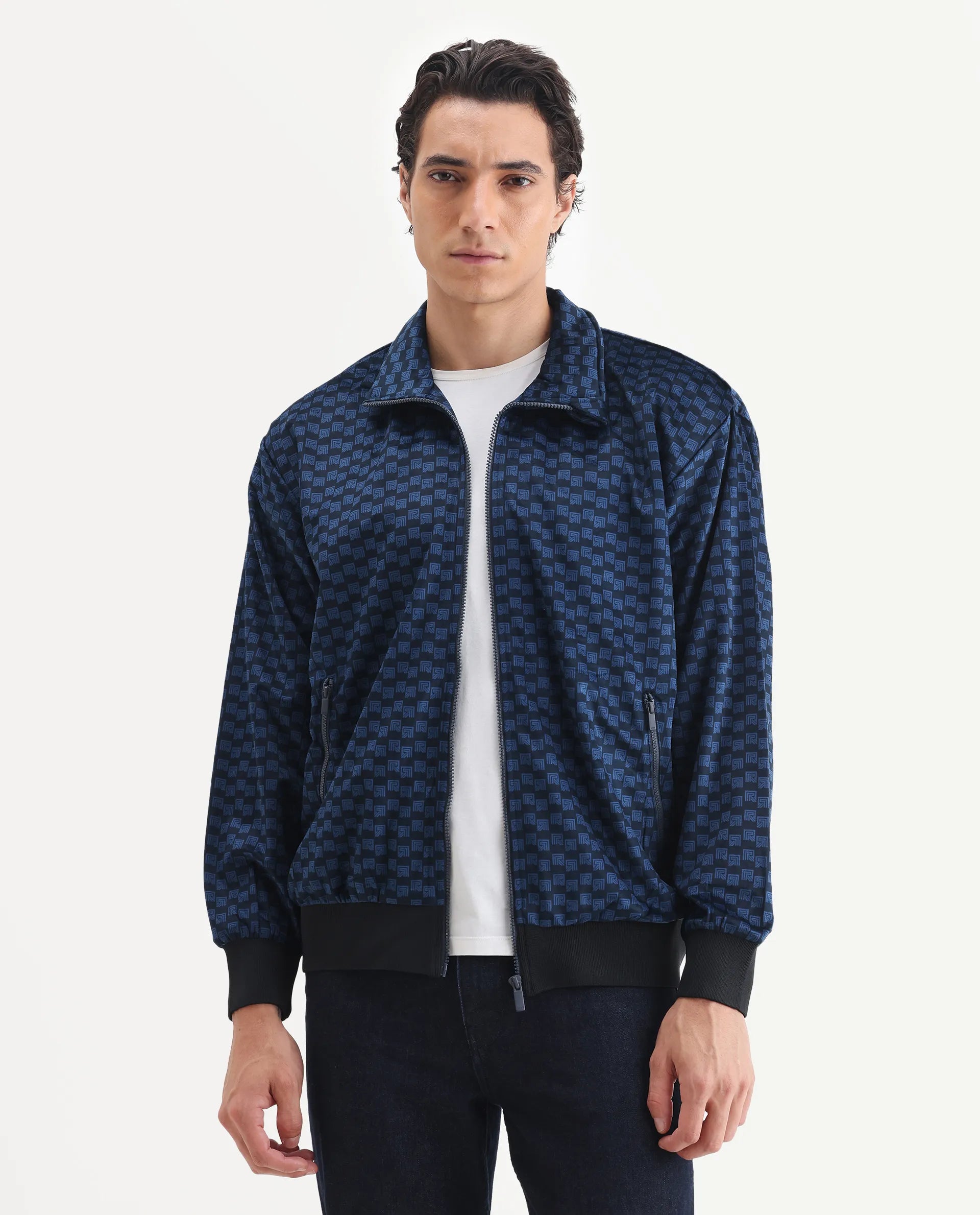 Rare Rabbit Men's Log Blue Polyester Blend Fabric Spread Collar Regular Fit Graphic Print Jacket
