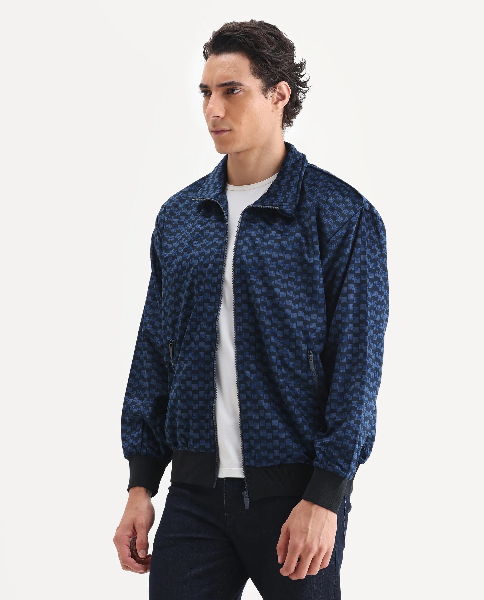Rare Rabbit Men's Log Blue Polyester Blend Fabric Spread Collar Regular Fit Graphic Print Jacket