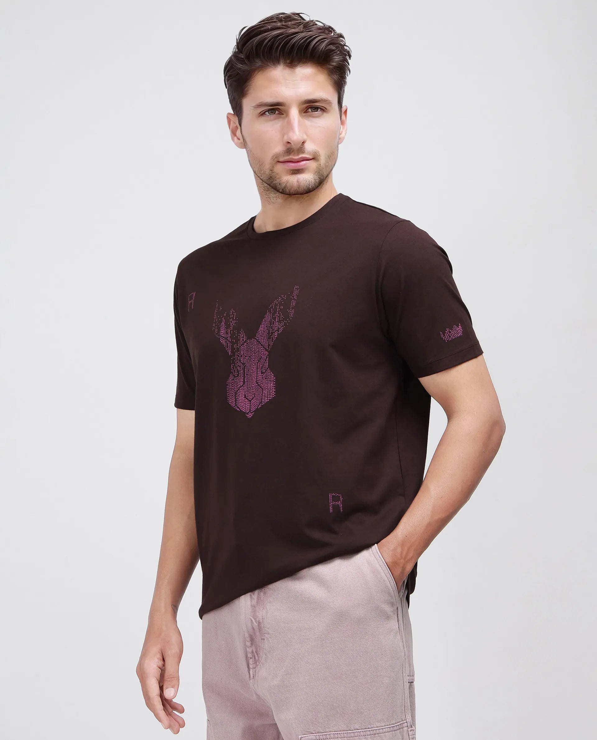 Rare Rabbit Men Log Brown Cotton Lycra Fabric Short Sleeve Crew Neck Slip-On Graphic Print T-Shirt