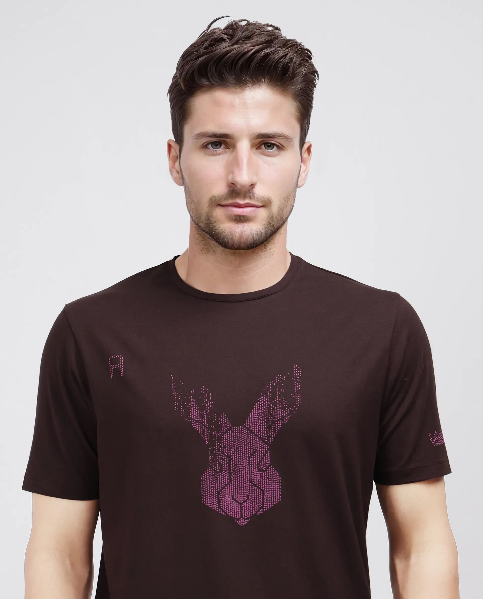 Rare Rabbit Men Log Brown Cotton Lycra Fabric Short Sleeve Crew Neck Slip-On Graphic Print T-Shirt