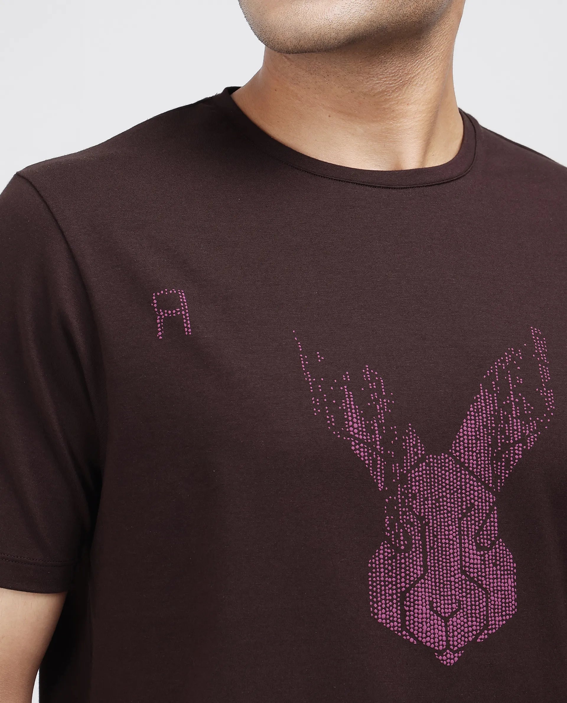 Rare Rabbit Men Log Brown Cotton Lycra Fabric Short Sleeve Crew Neck Slip-On Graphic Print T-Shirt