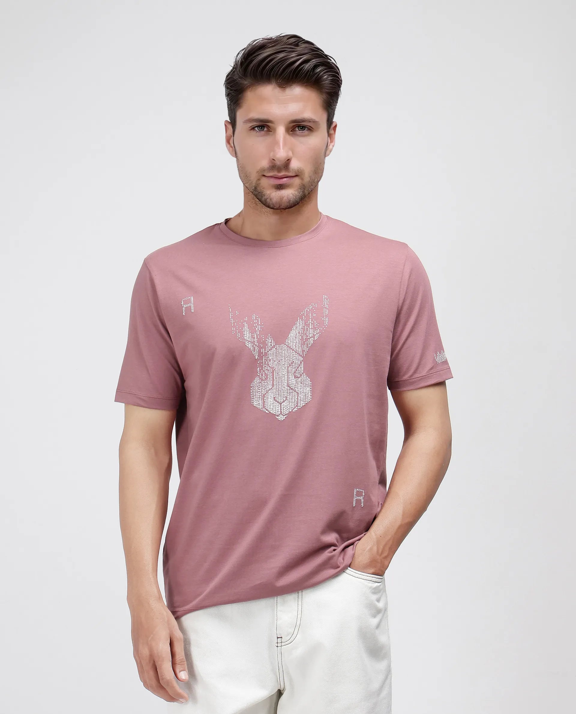Rare Rabbit Men Log Dusky Pink Cotton Lycra Fabric Short Sleeve Crew Neck Slip-On Graphic Print T-Shirt