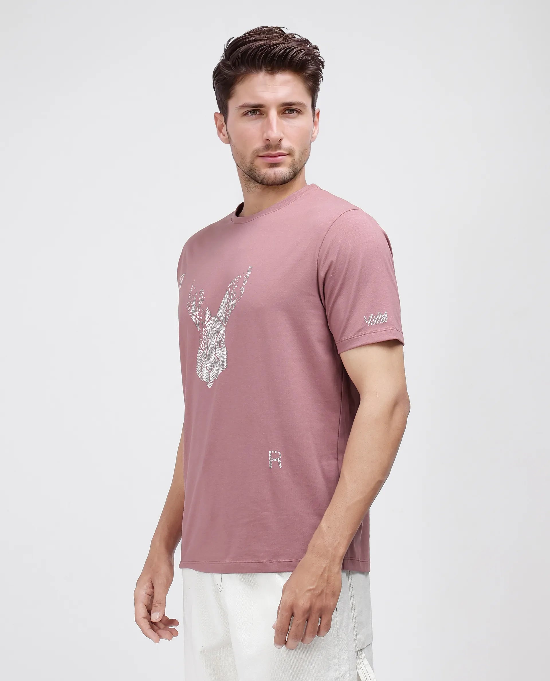 Rare Rabbit Men Log Dusky Pink Cotton Lycra Fabric Short Sleeve Crew Neck Slip-On Graphic Print T-Shirt