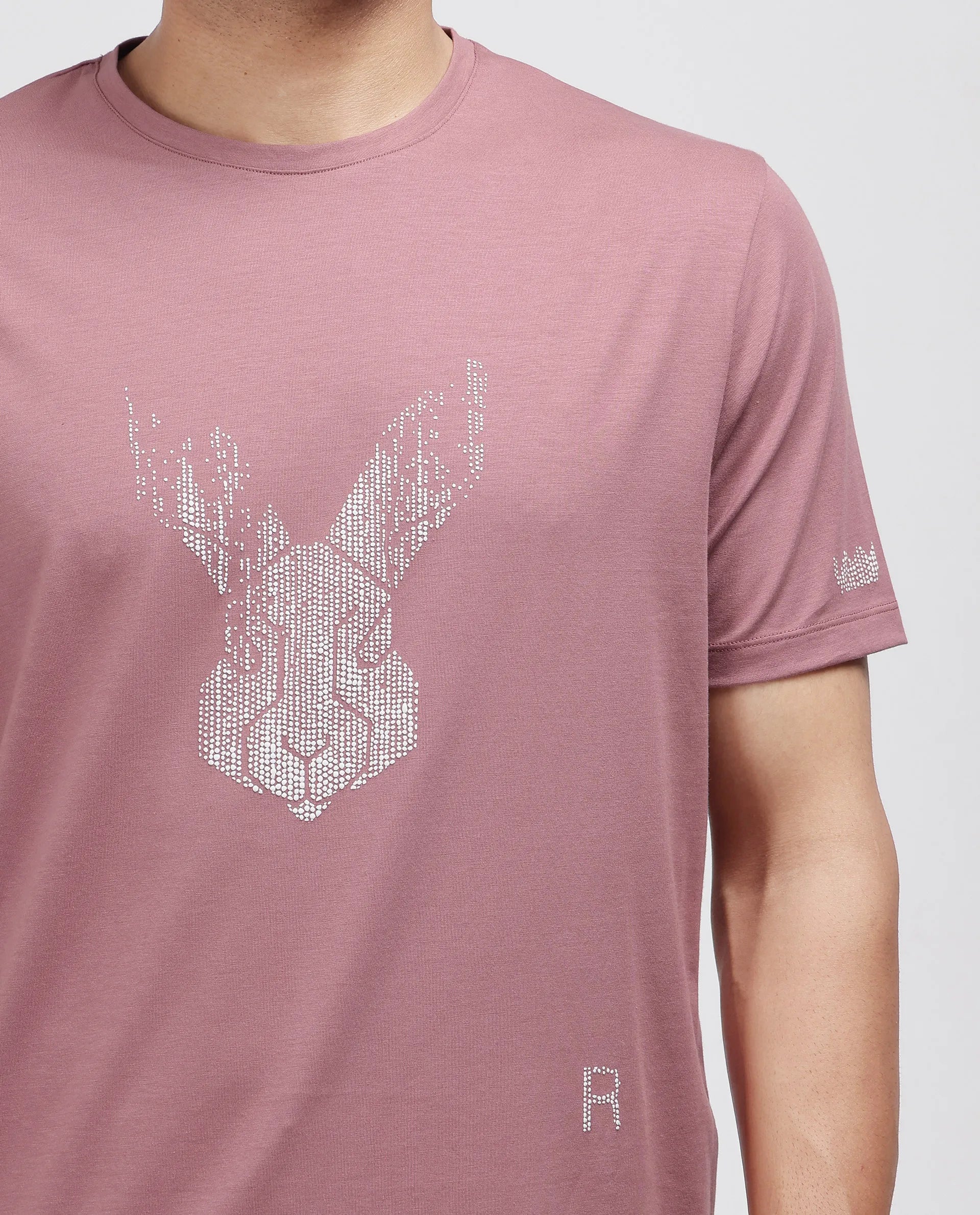 Rare Rabbit Men Log Dusky Pink Cotton Lycra Fabric Short Sleeve Crew Neck Slip-On Graphic Print T-Shirt
