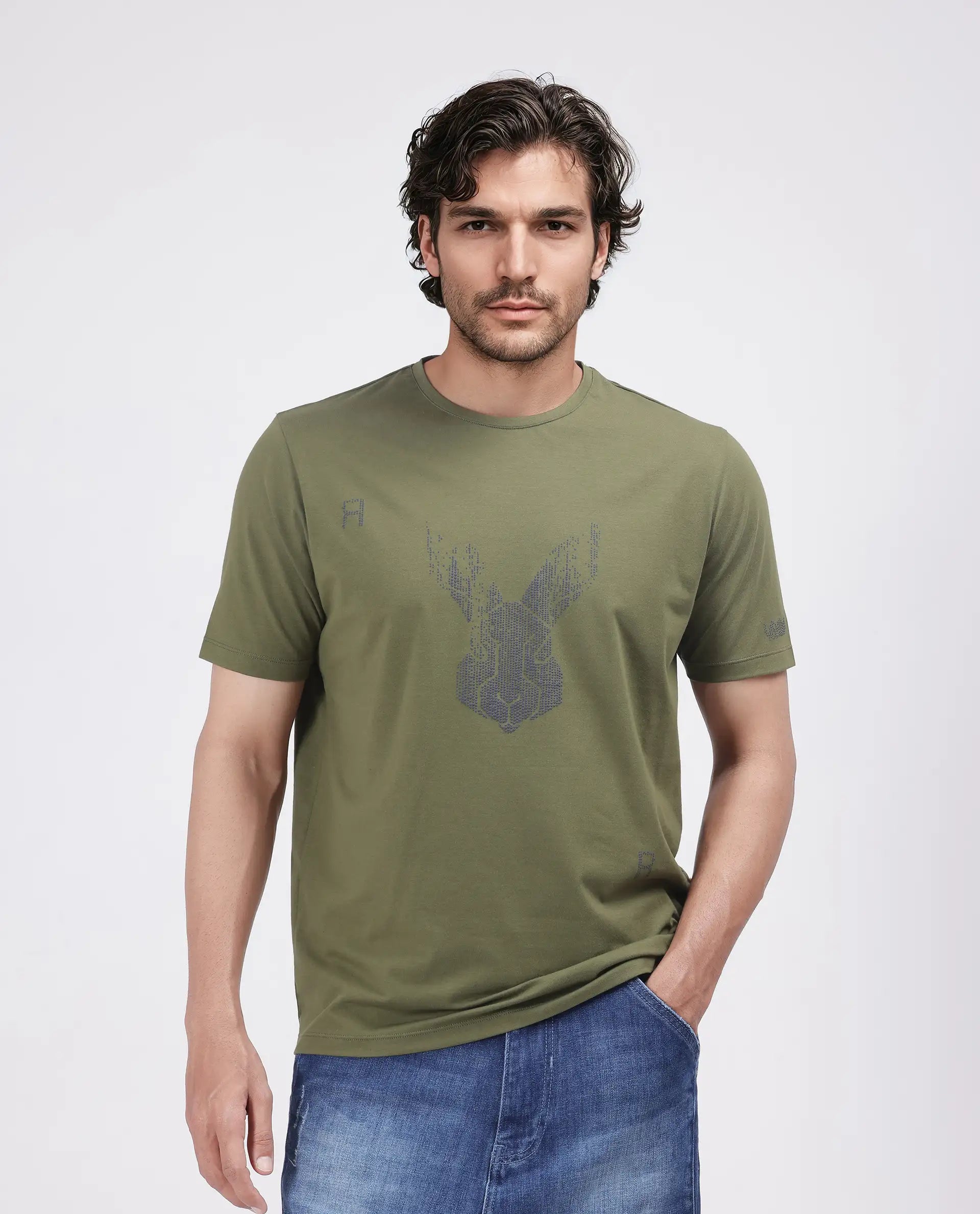 Rare Rabbit Men Log Green Cotton Lycra Fabric Short Sleeve Crew Neck Slip-On Graphic Print T-Shirt
