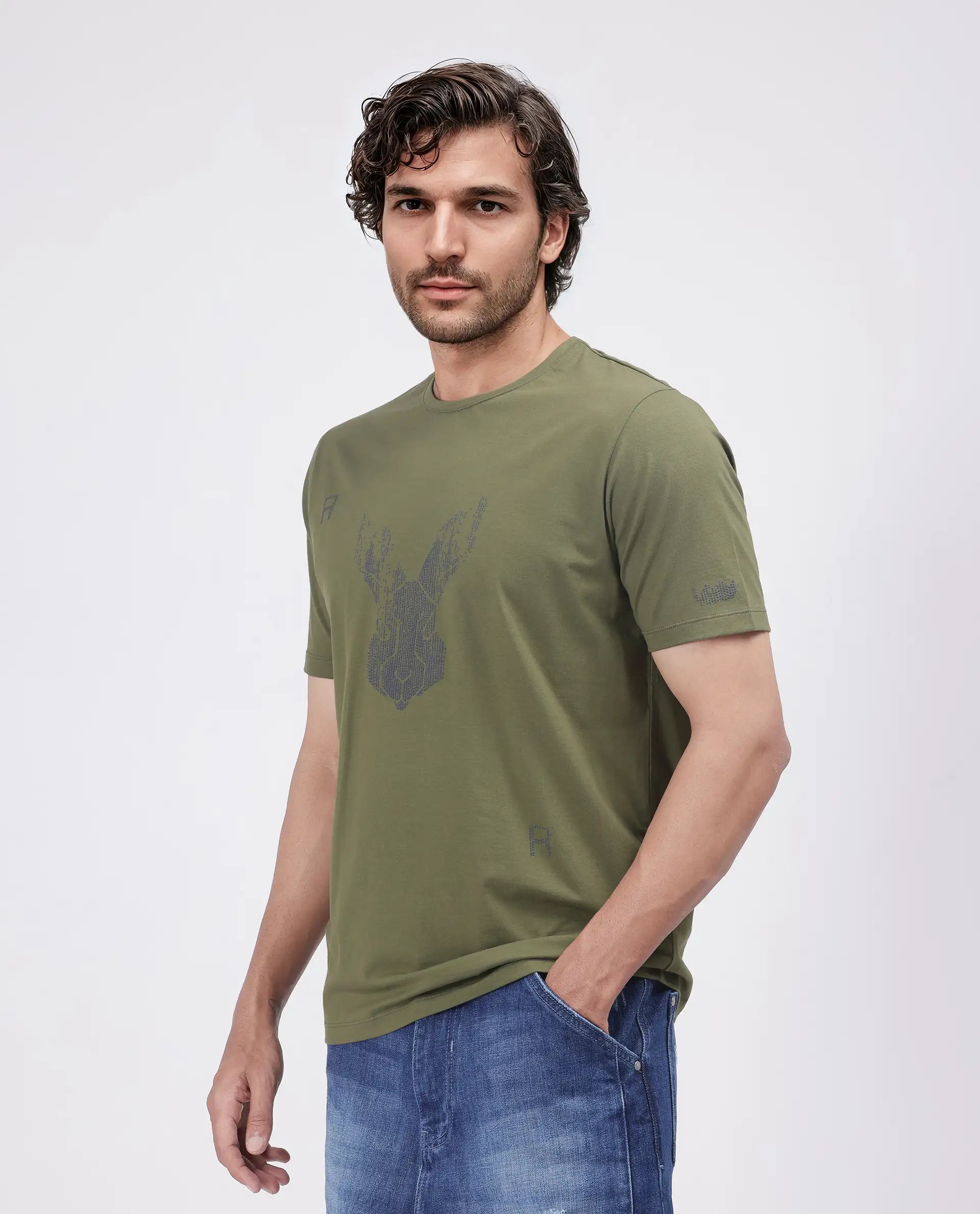 Rare Rabbit Men Log Green Cotton Lycra Fabric Short Sleeve Crew Neck Slip-On Graphic Print T-Shirt