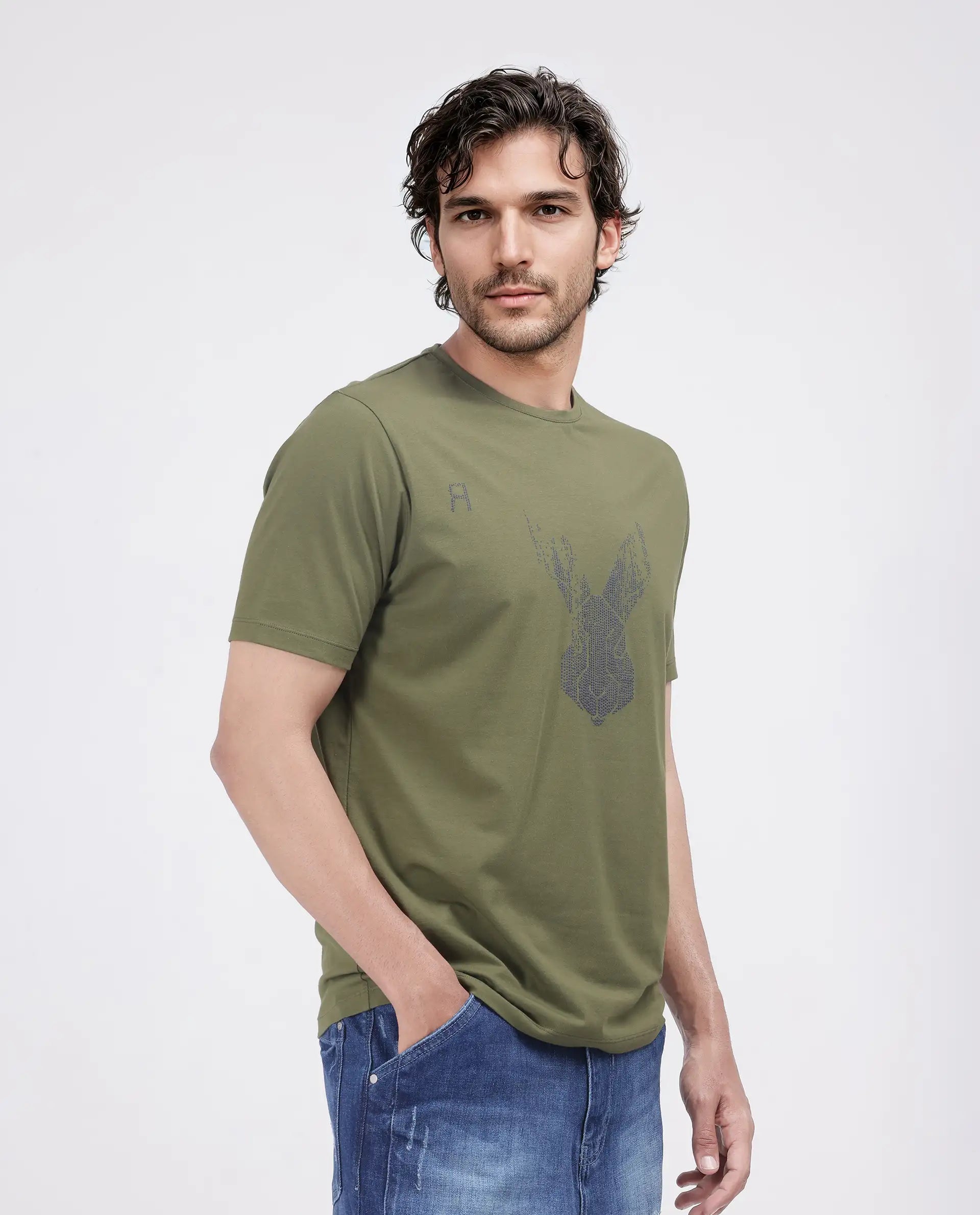 Rare Rabbit Men Log Green Cotton Lycra Fabric Short Sleeve Crew Neck Slip-On Graphic Print T-Shirt