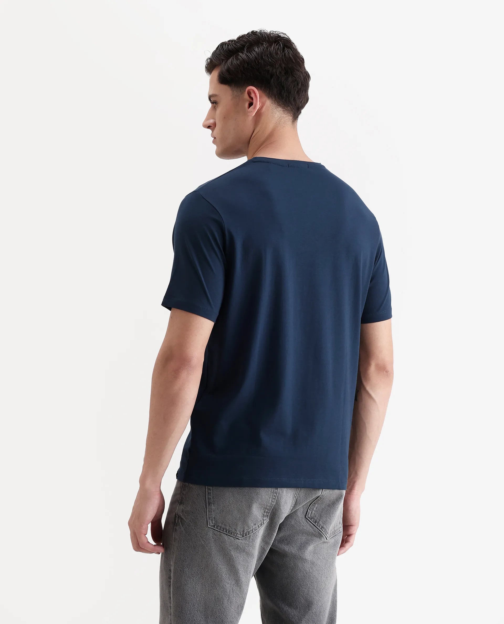 Rare Rabbit Men's Logi Teal Cotton Blend Graphic Print Regular Fit Half Sleeve Crew Neck T-Shirt