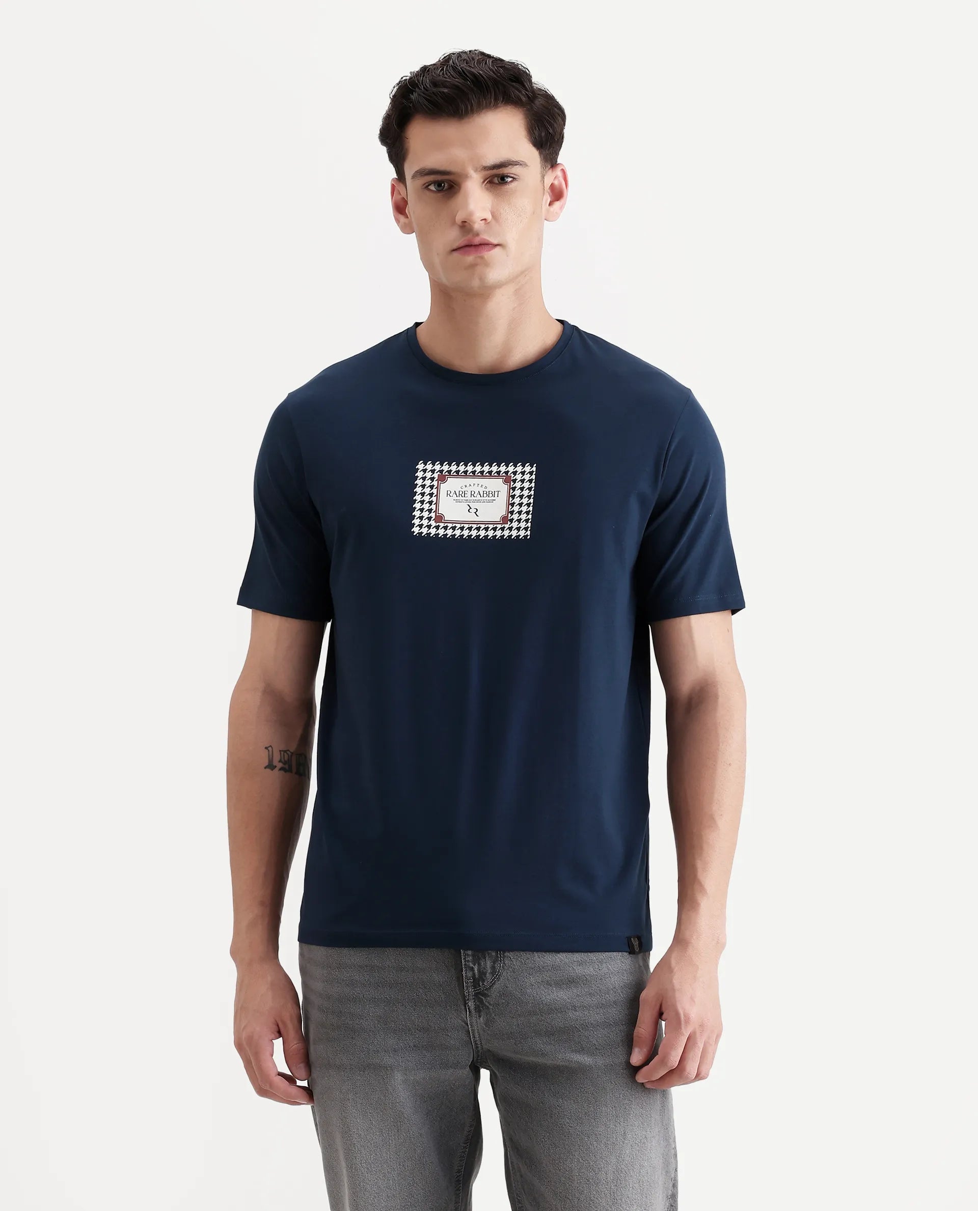 Rare Rabbit Men's Logi Teal Cotton Blend Graphic Print Regular Fit Half Sleeve Crew Neck T-Shirt