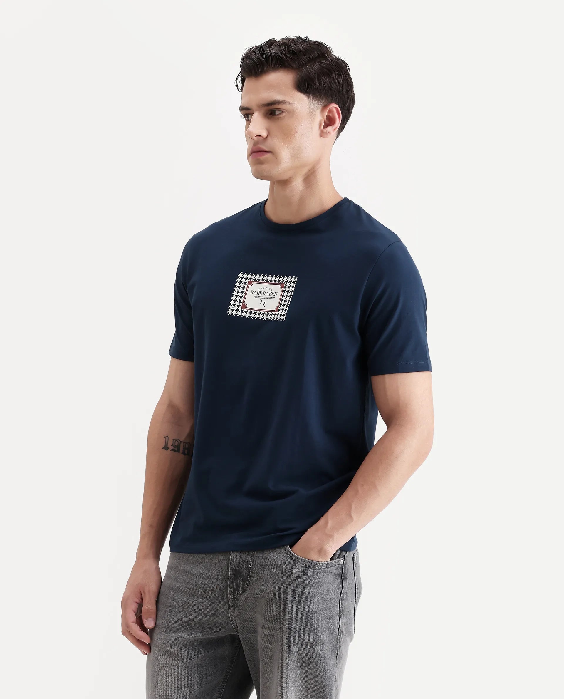 Rare Rabbit Men's Logi Teal Cotton Blend Graphic Print Regular Fit Half Sleeve Crew Neck T-Shirt