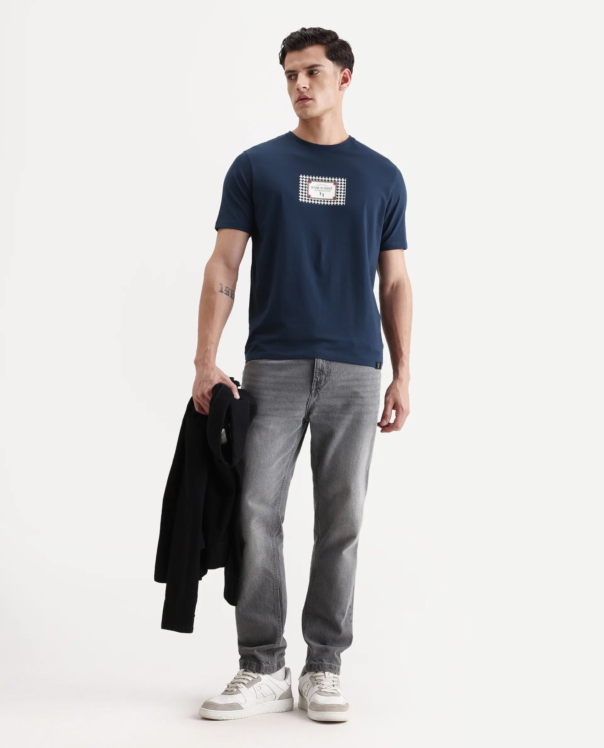 Rare Rabbit Men's Logi Teal Cotton Blend Graphic Print Regular Fit Half Sleeve Crew Neck T-Shirt