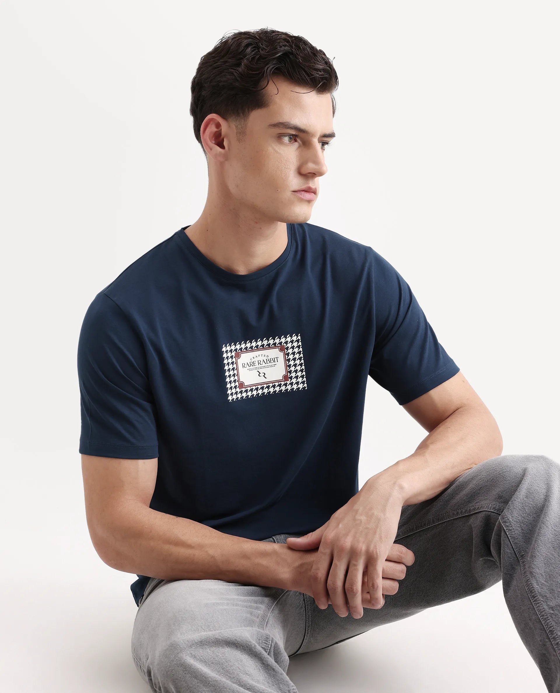 Rare Rabbit Men's Logi Teal Cotton Blend Graphic Print Regular Fit Half Sleeve Crew Neck T-Shirt