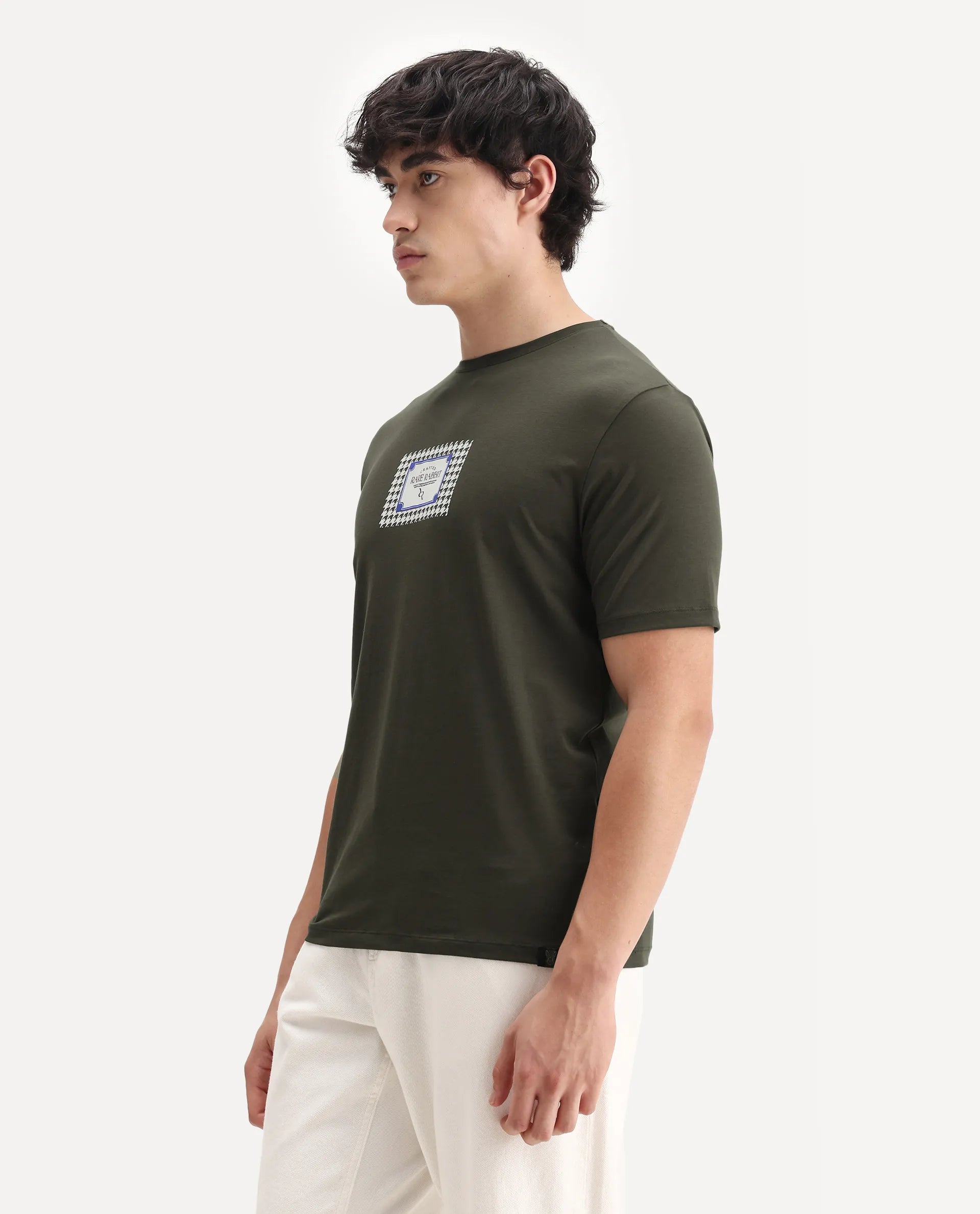 Rare Rabbit Men's Logi Dark Olive Cotton Blend Graphic Print Regular Fit Half Sleeve Crew Neck T-Shirt