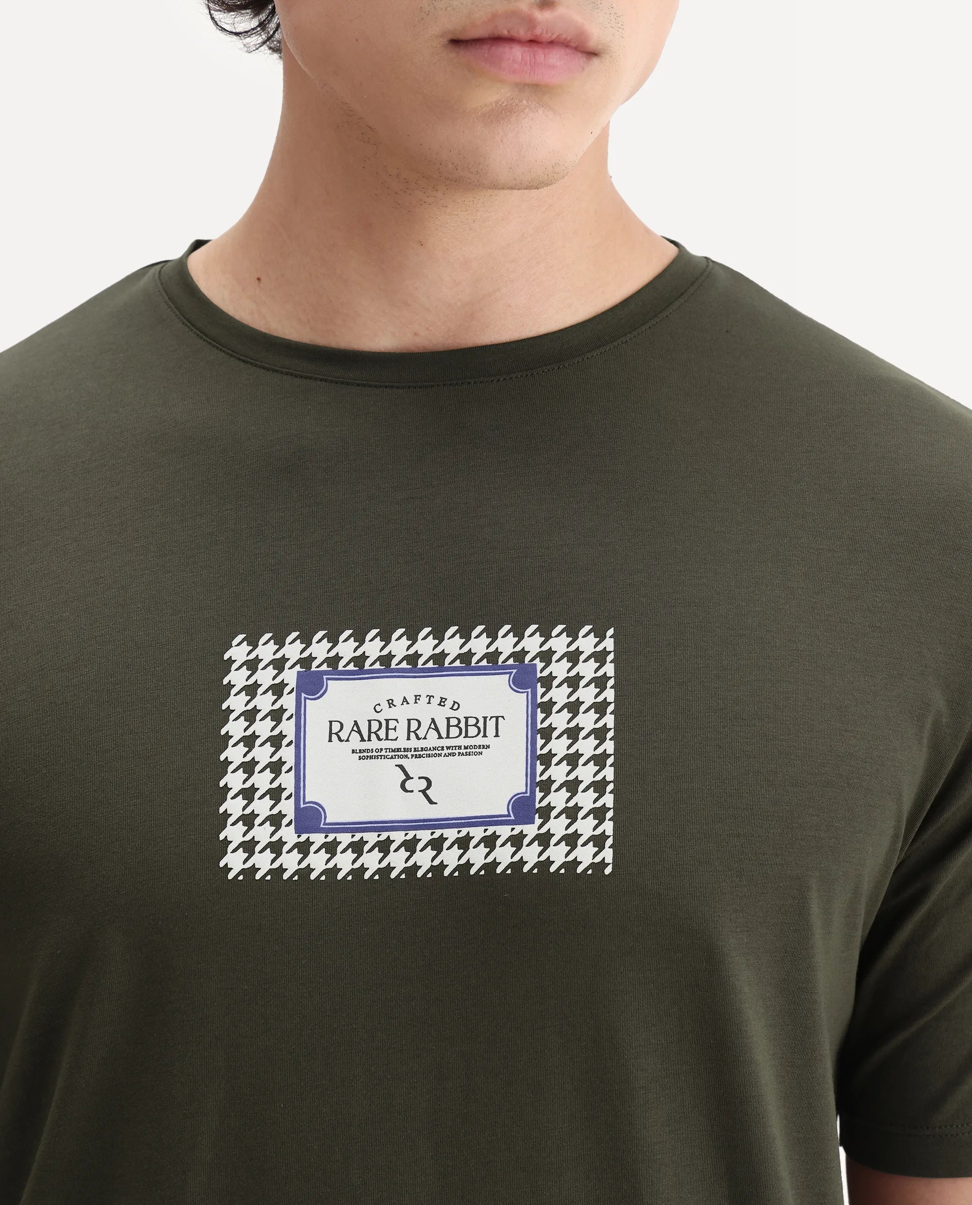 Rare Rabbit Men's Logi Dark Olive Cotton Blend Graphic Print Regular Fit Half Sleeve Crew Neck T-Shirt