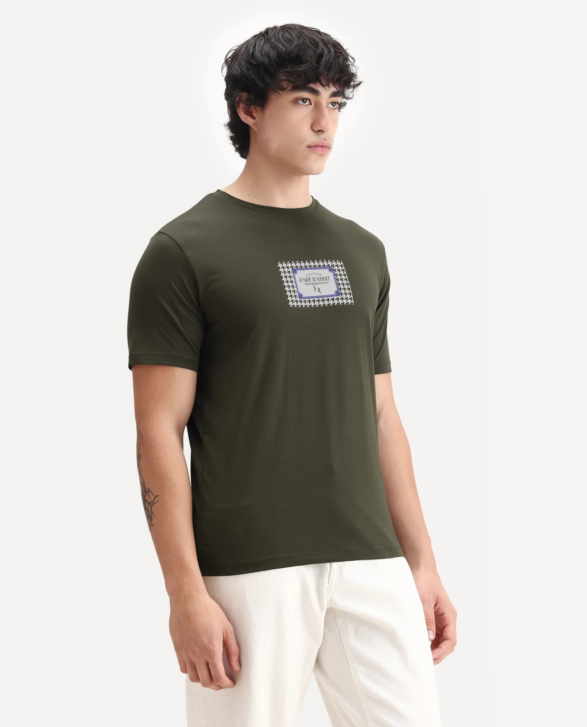 Rare Rabbit Men's Logi Dark Olive Cotton Blend Graphic Print Regular Fit Half Sleeve Crew Neck T-Shirt