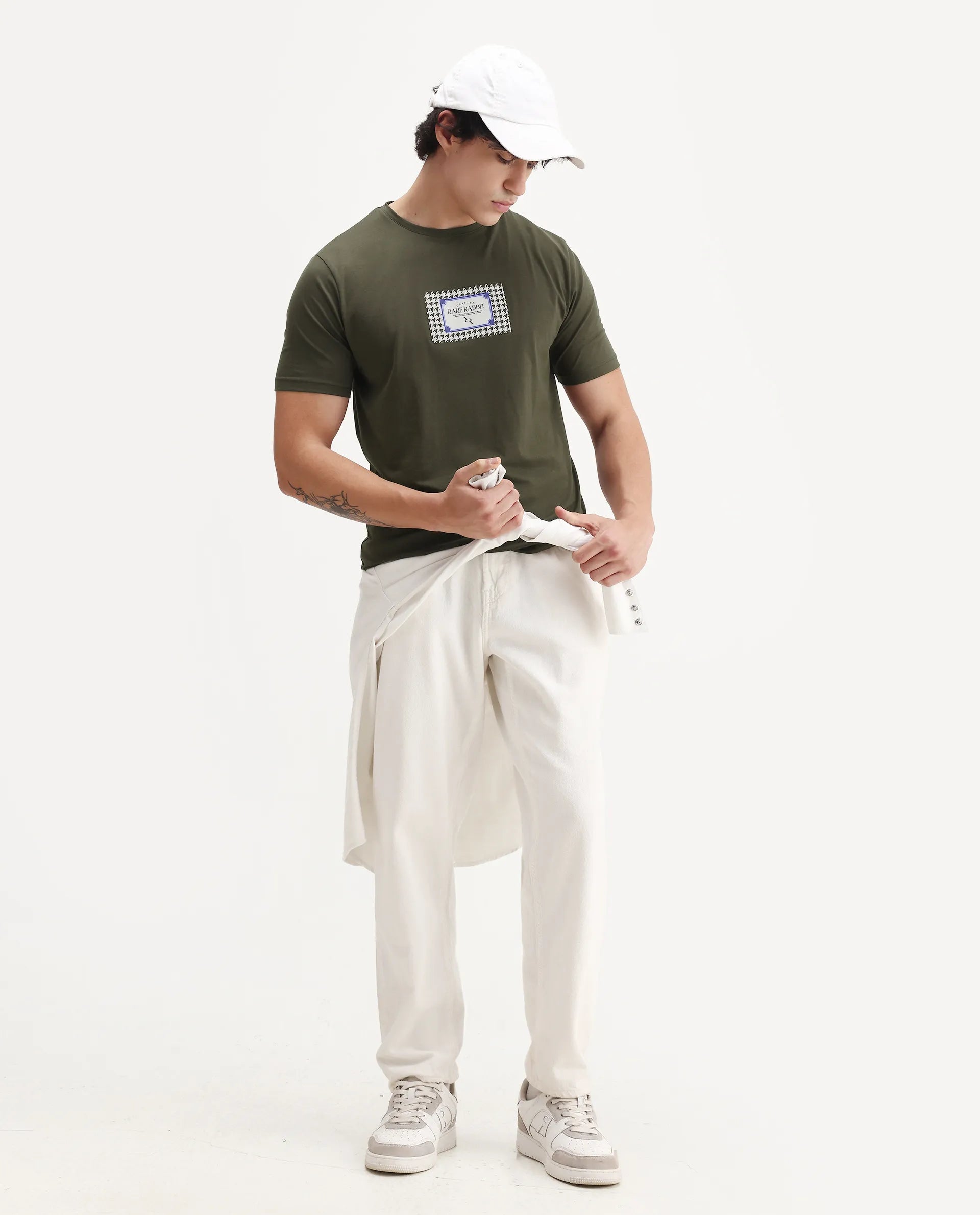 Rare Rabbit Men's Logi Dark Olive Cotton Blend Graphic Print Regular Fit Half Sleeve Crew Neck T-Shirt