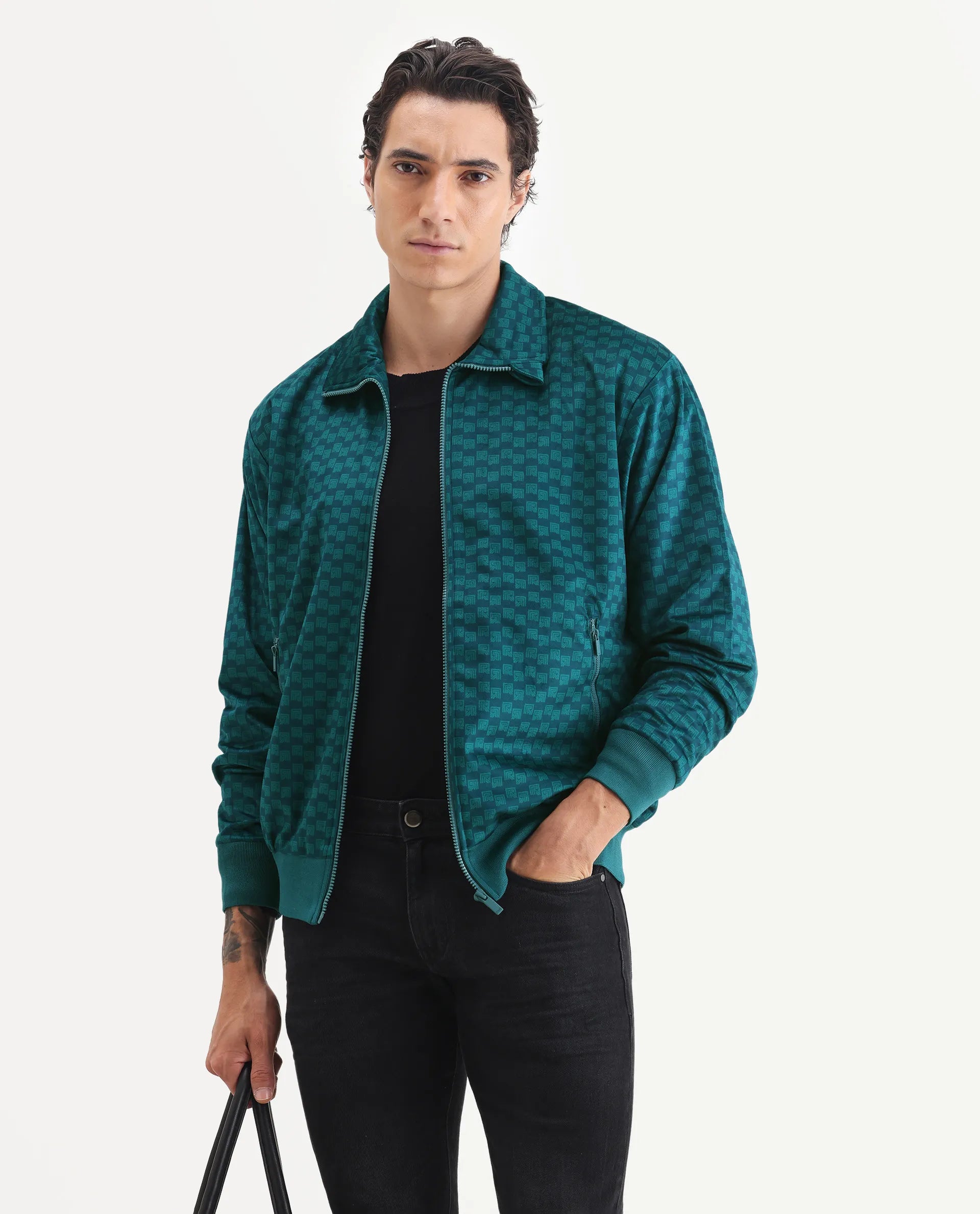 Rare Rabbit Men's Log Teal Polyester Blend Fabric Spread Collar Regular Fit Graphic Print Jacket