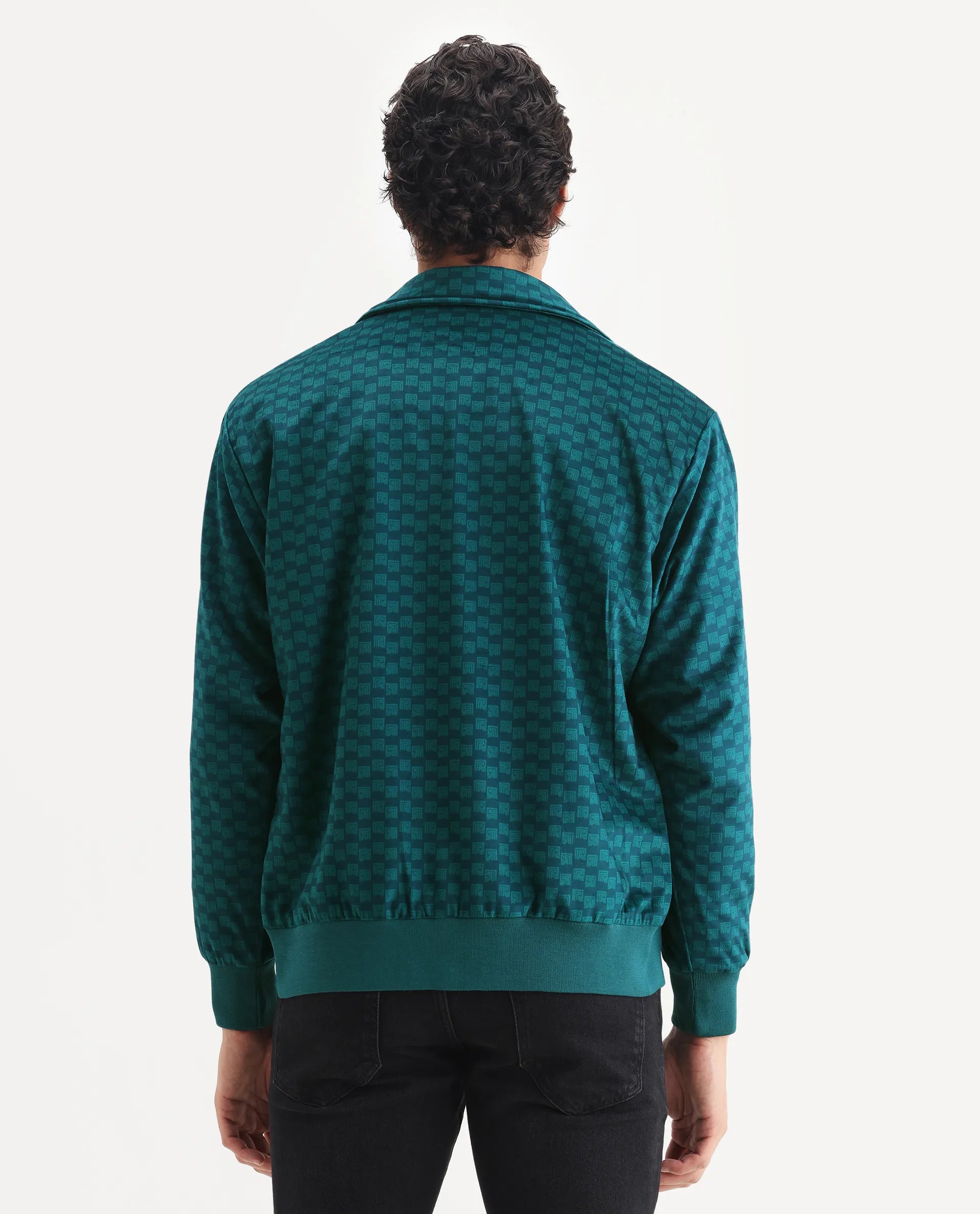 Rare Rabbit Men's Log Teal Polyester Blend Fabric Spread Collar Regular Fit Graphic Print Jacket