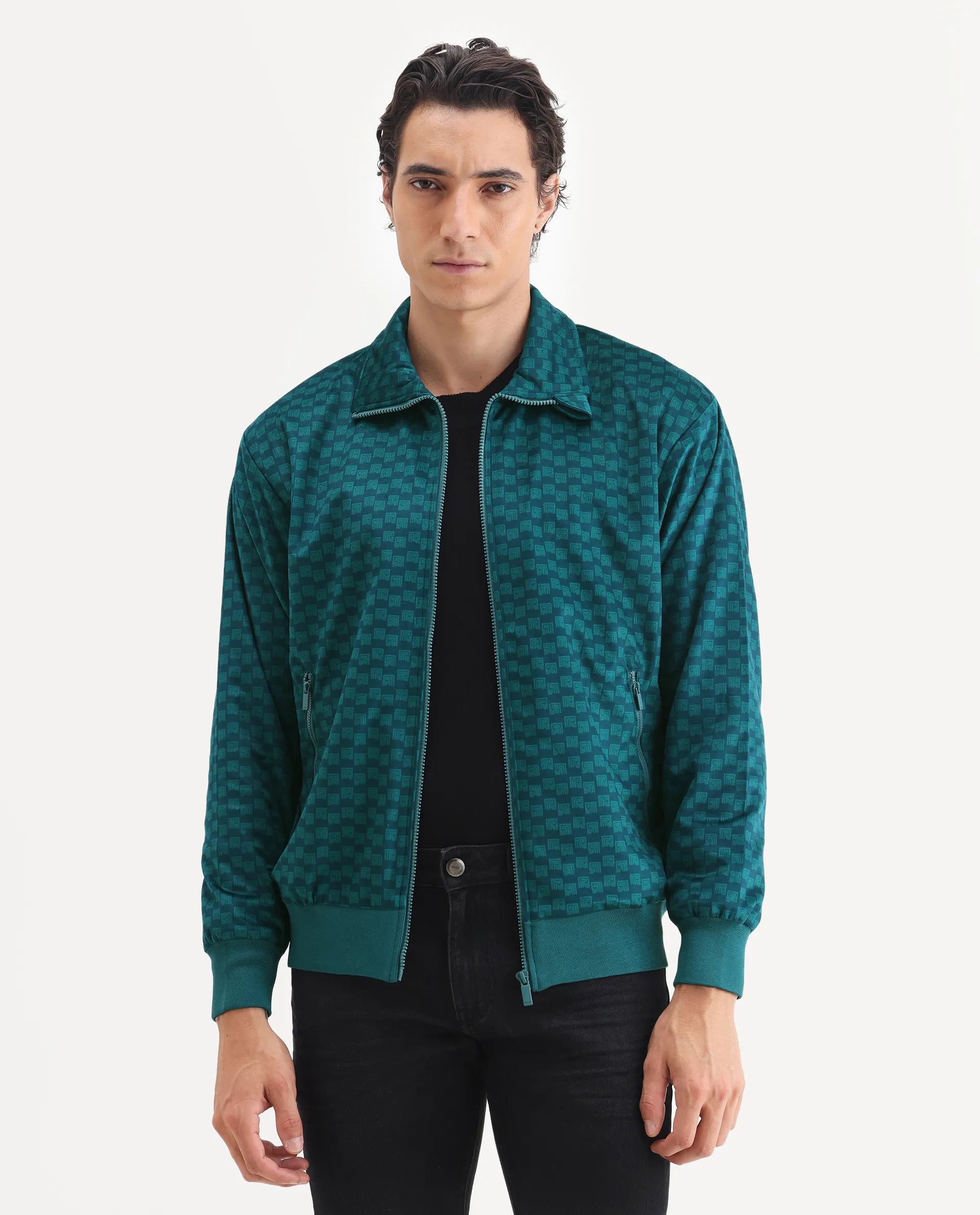 Rare Rabbit Men's Log Teal Polyester Blend Fabric Spread Collar Regular Fit Graphic Print Jacket