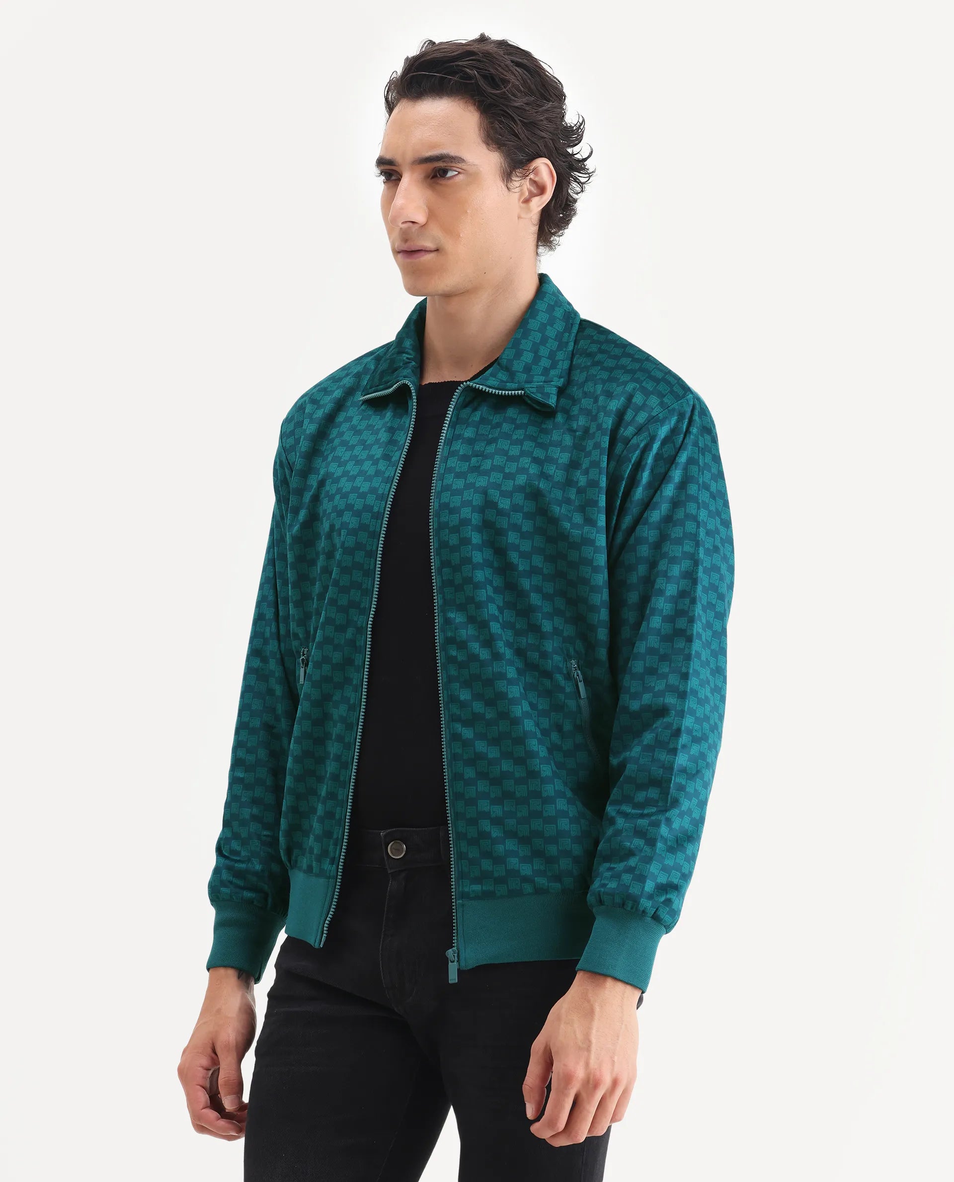 Rare Rabbit Men's Log Teal Polyester Blend Fabric Spread Collar Regular Fit Graphic Print Jacket
