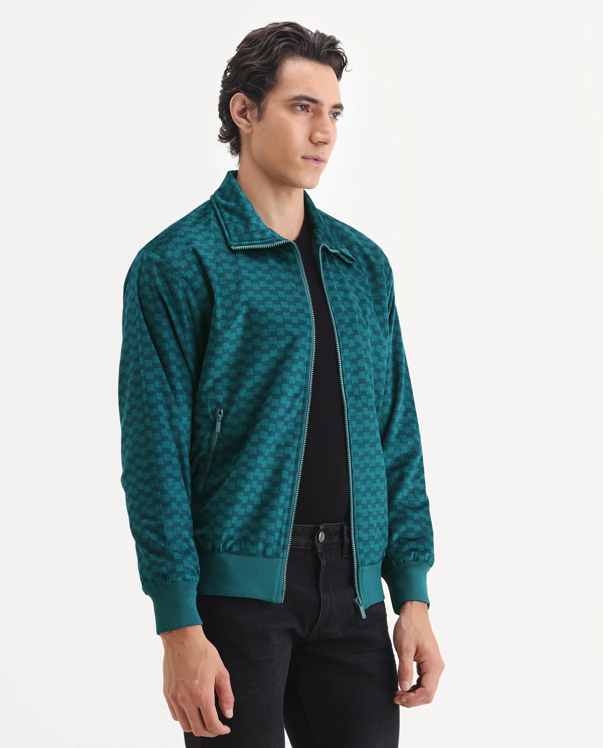 Rare Rabbit Men's Log Teal Polyester Blend Fabric Spread Collar Regular Fit Graphic Print Jacket