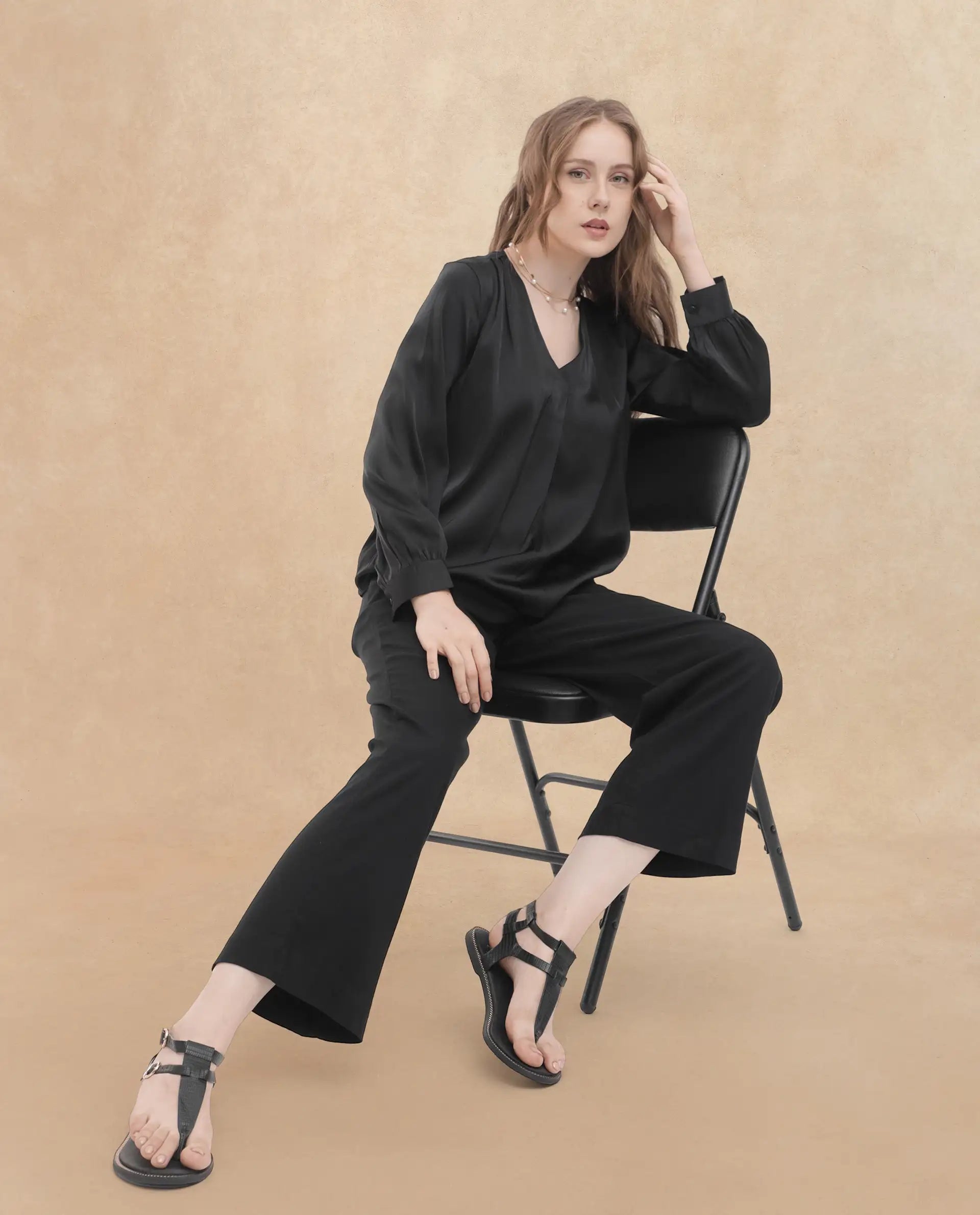 Rareism Women's Lohan Black Polyester V-Neck Plain Cuffed Sleeve Regular Fit Top