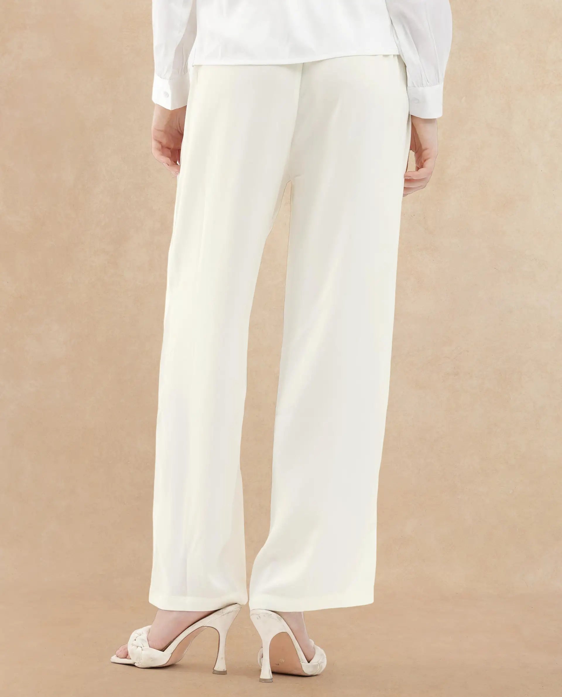Rareism Women Haz Light Off White Polyester Fabric Wide Leg Fit Plain Ankle Length Trousers