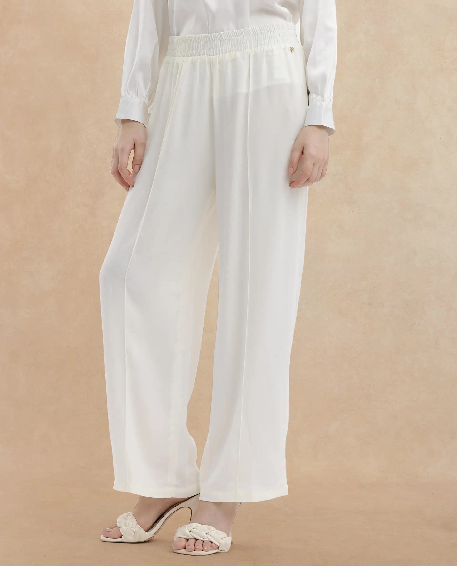 Rareism Women Haz Light Off White Polyester Fabric Wide Leg Fit Plain Ankle Length Trousers