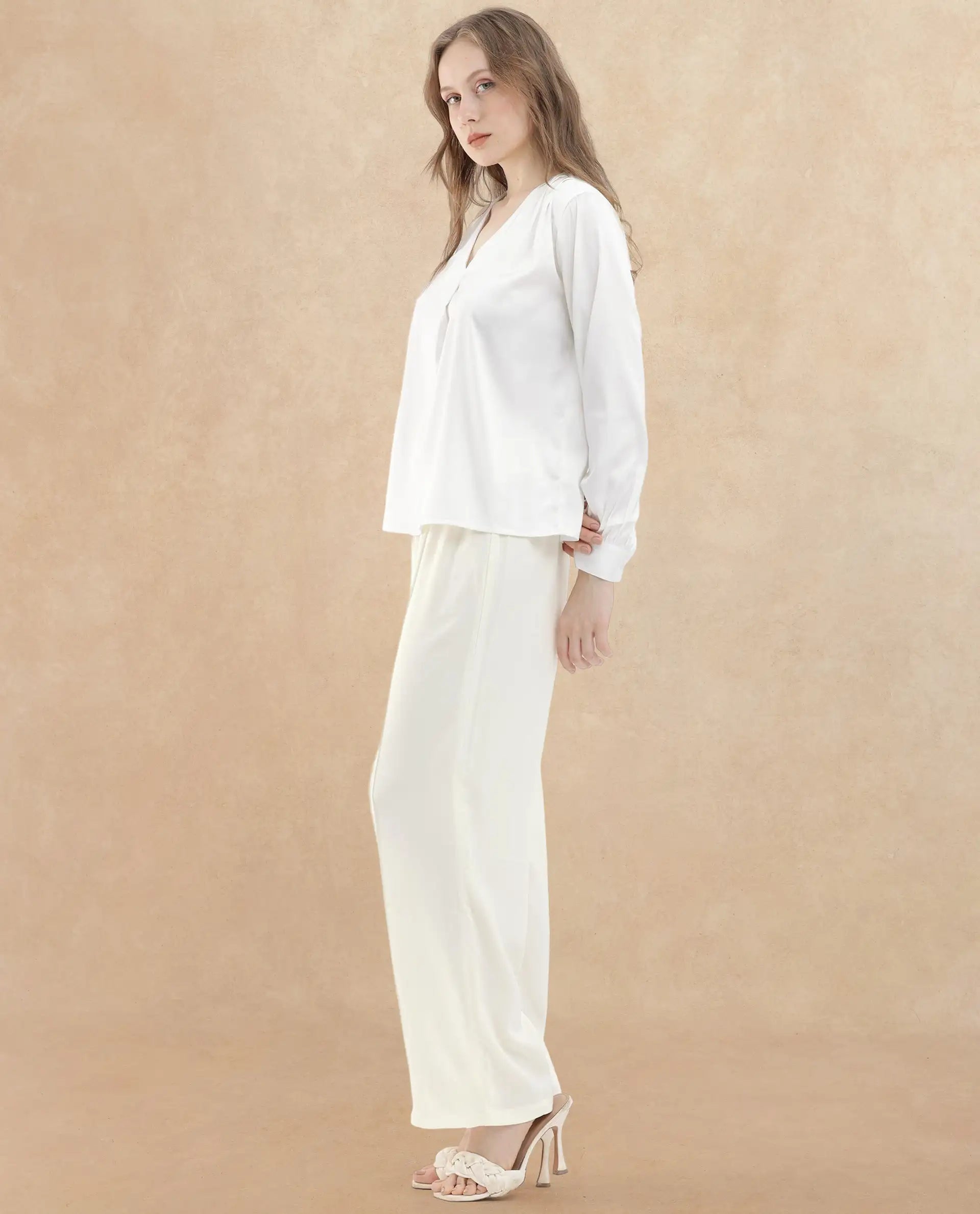 Rareism Women Haz Light Off White Polyester Fabric Wide Leg Fit Plain Ankle Length Trousers