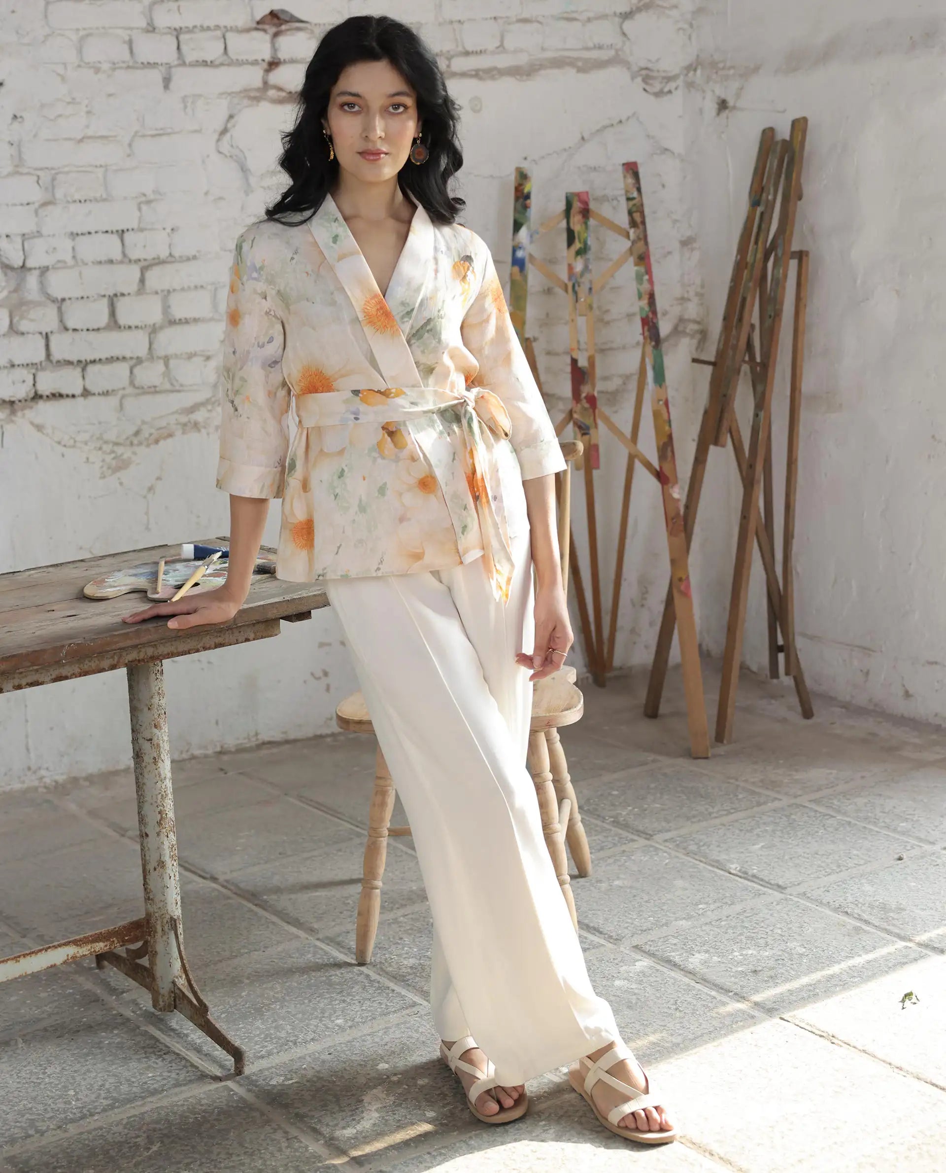 Rareism Women Haz Light Off White Polyester Fabric Wide Leg Fit Plain Ankle Length Trousers