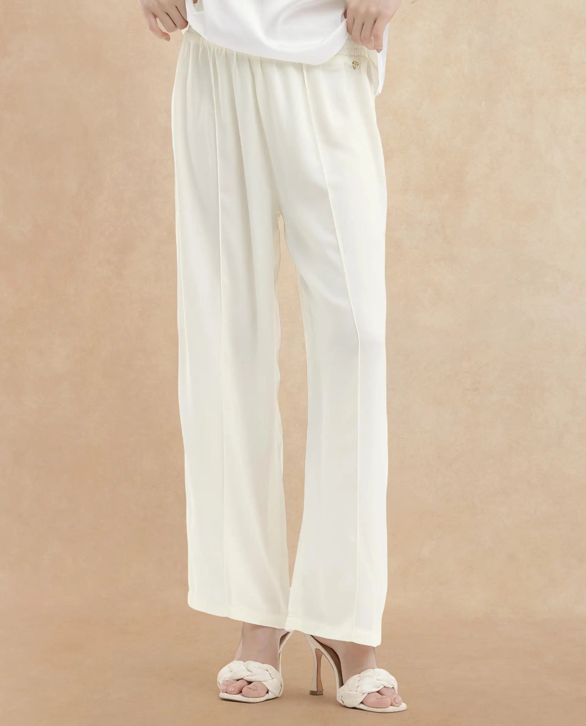 Rareism Women Haz Light Off White Polyester Fabric Wide Leg Fit Plain Ankle Length Trousers