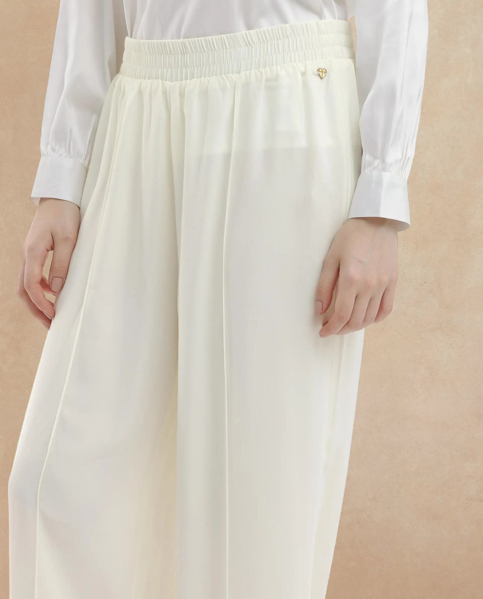 Rareism Women Haz Light Off White Polyester Fabric Wide Leg Fit Plain Ankle Length Trousers