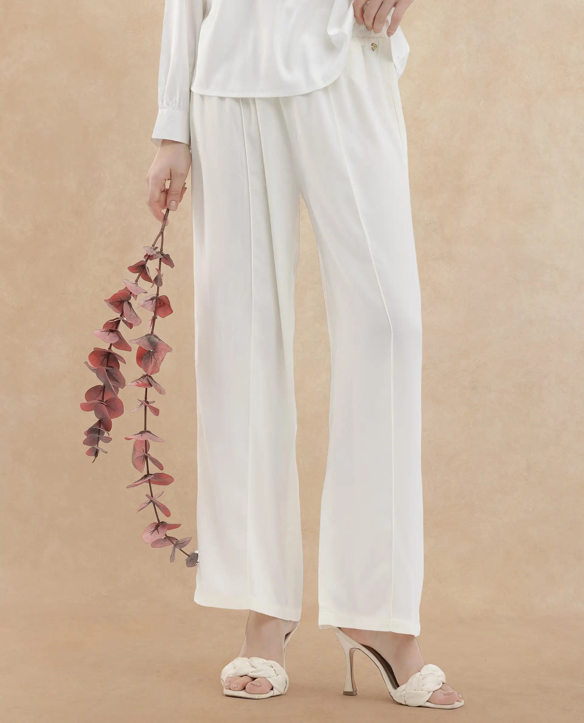 Rareism Women Haz Light Off White Polyester Fabric Wide Leg Fit Plain Ankle Length Trousers