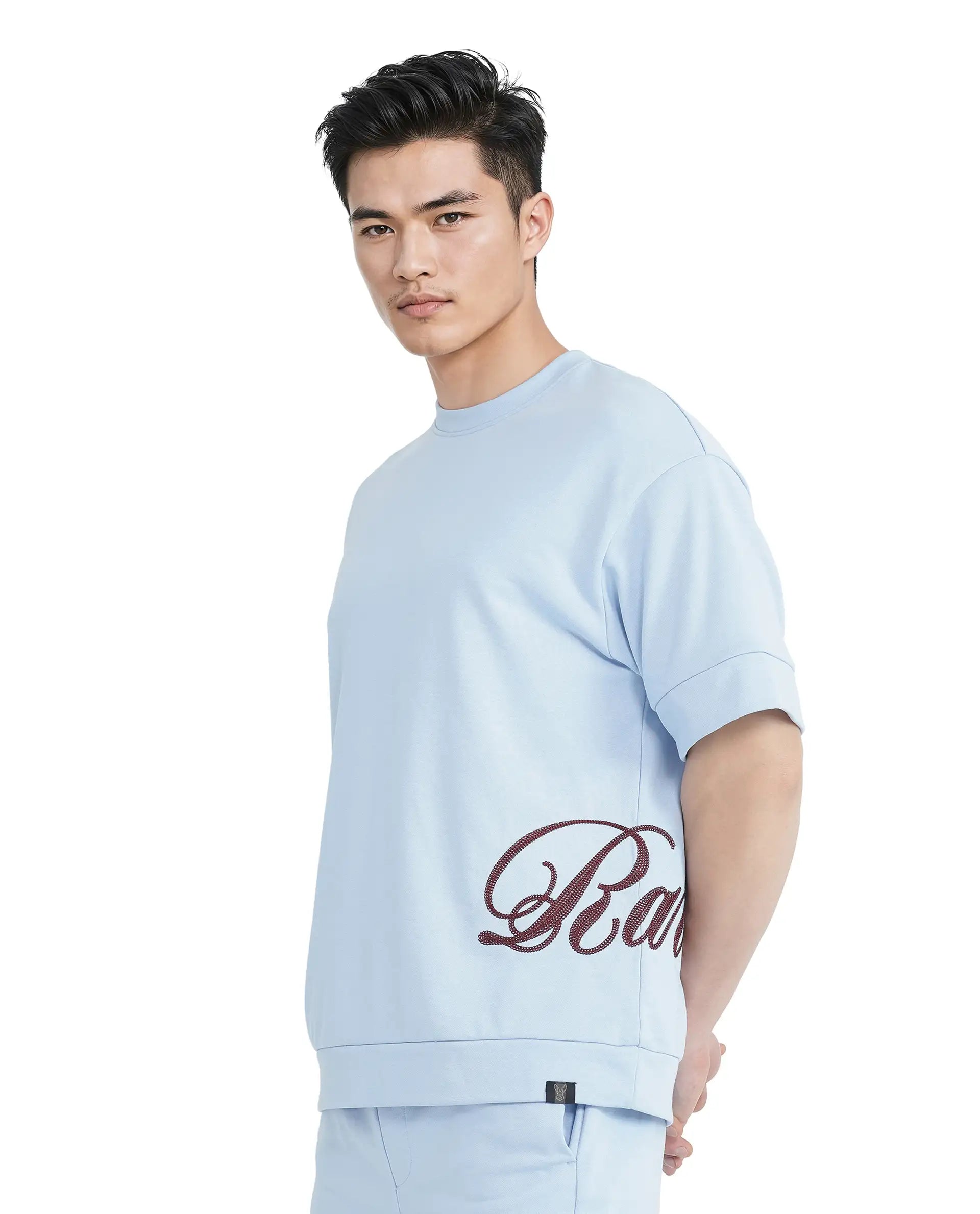 Rare Rabbit Men Loit Light Blue Cotton Poly Fabric Short Sleeve Crew Neck Embroidered Typography T-Shirt