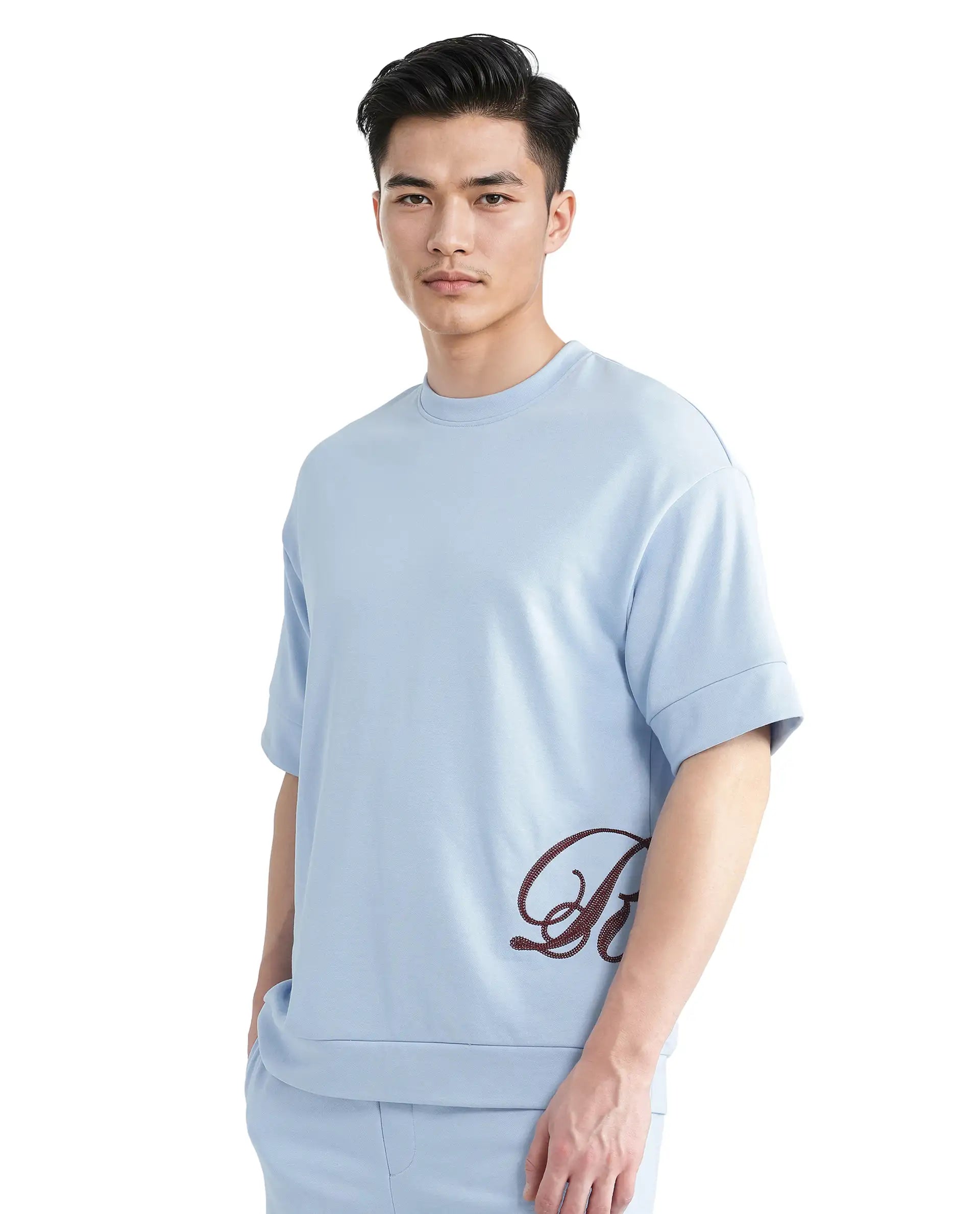 Rare Rabbit Men Loit Light Blue Cotton Poly Fabric Short Sleeve Crew Neck Embroidered Typography T-Shirt