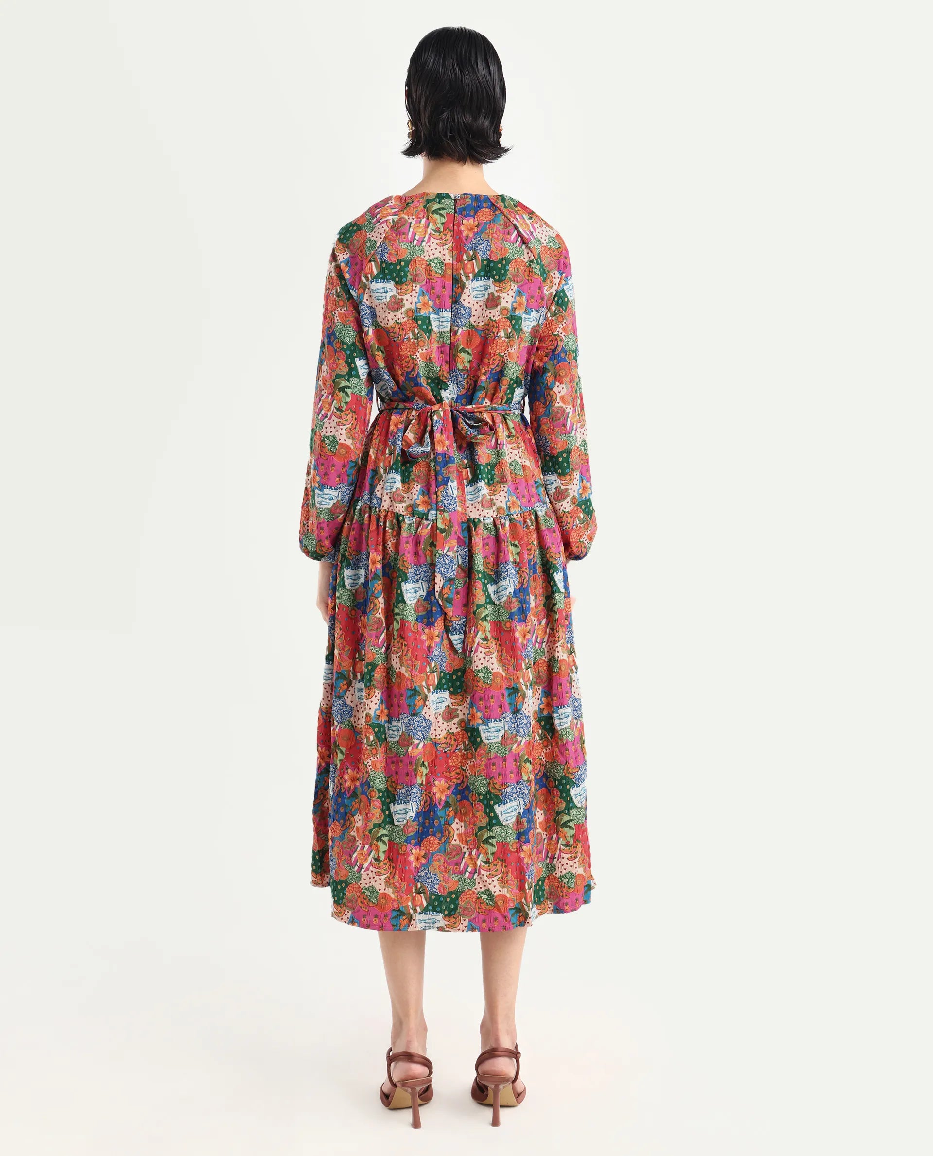Rareism Women's Lokop Multi Polyester Blend Round Neck Abstract Print Raglan Sleeve Midi Fit And Flare Dress