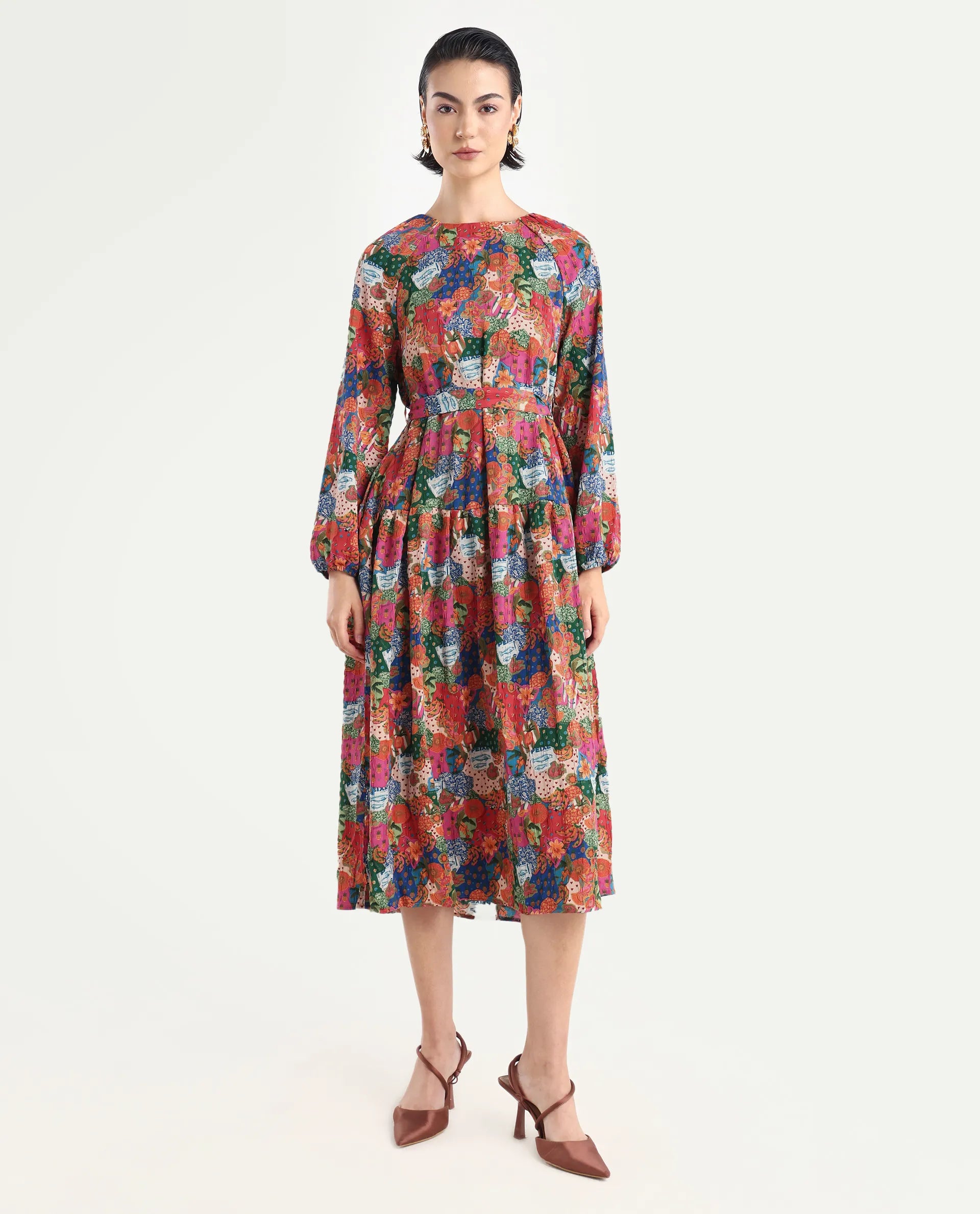 Rareism Women's Lokop Multi Polyester Blend Round Neck Abstract Print Raglan Sleeve Midi Fit And Flare Dress