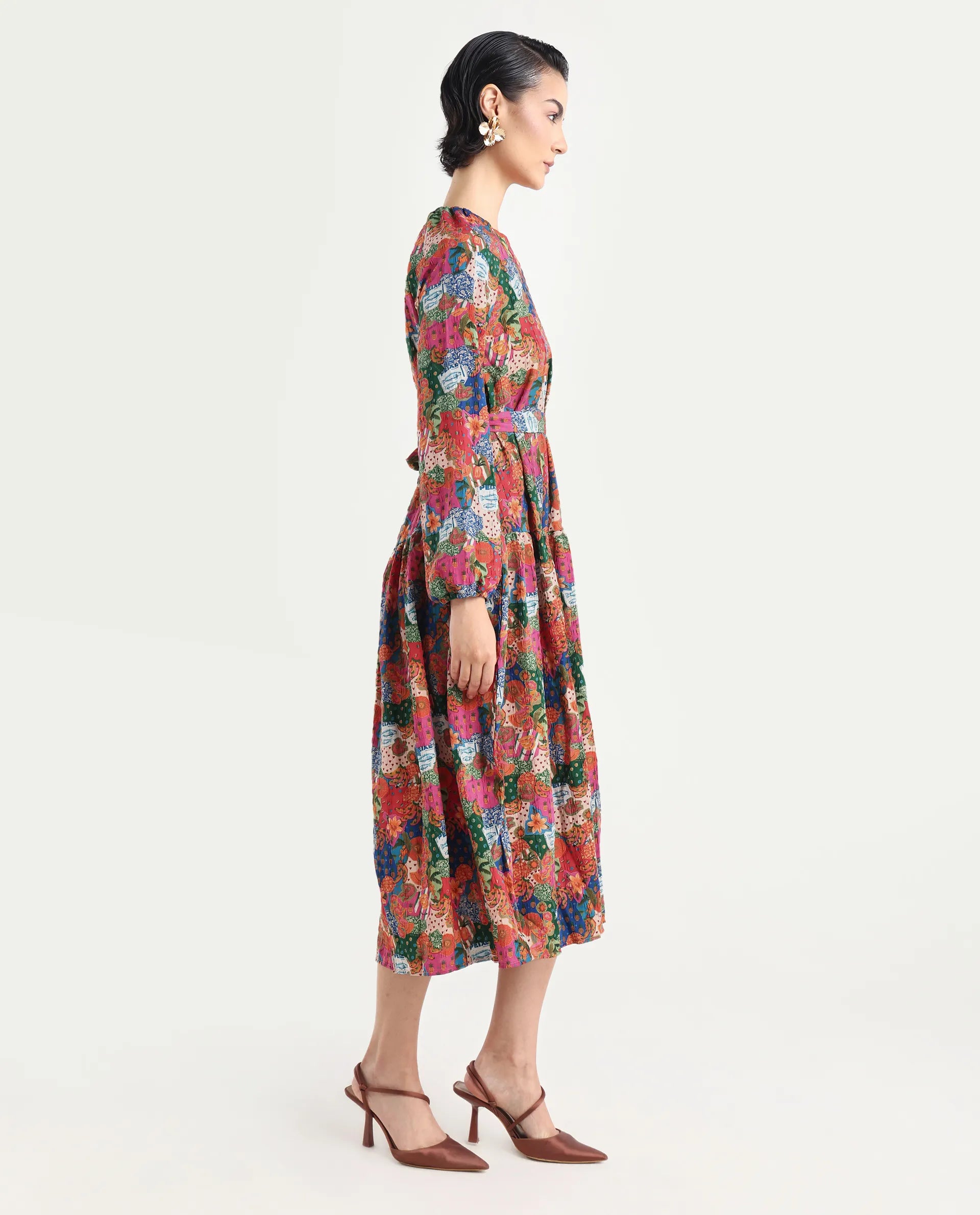 Rareism Women's Lokop Multi Polyester Blend Round Neck Abstract Print Raglan Sleeve Midi Fit And Flare Dress