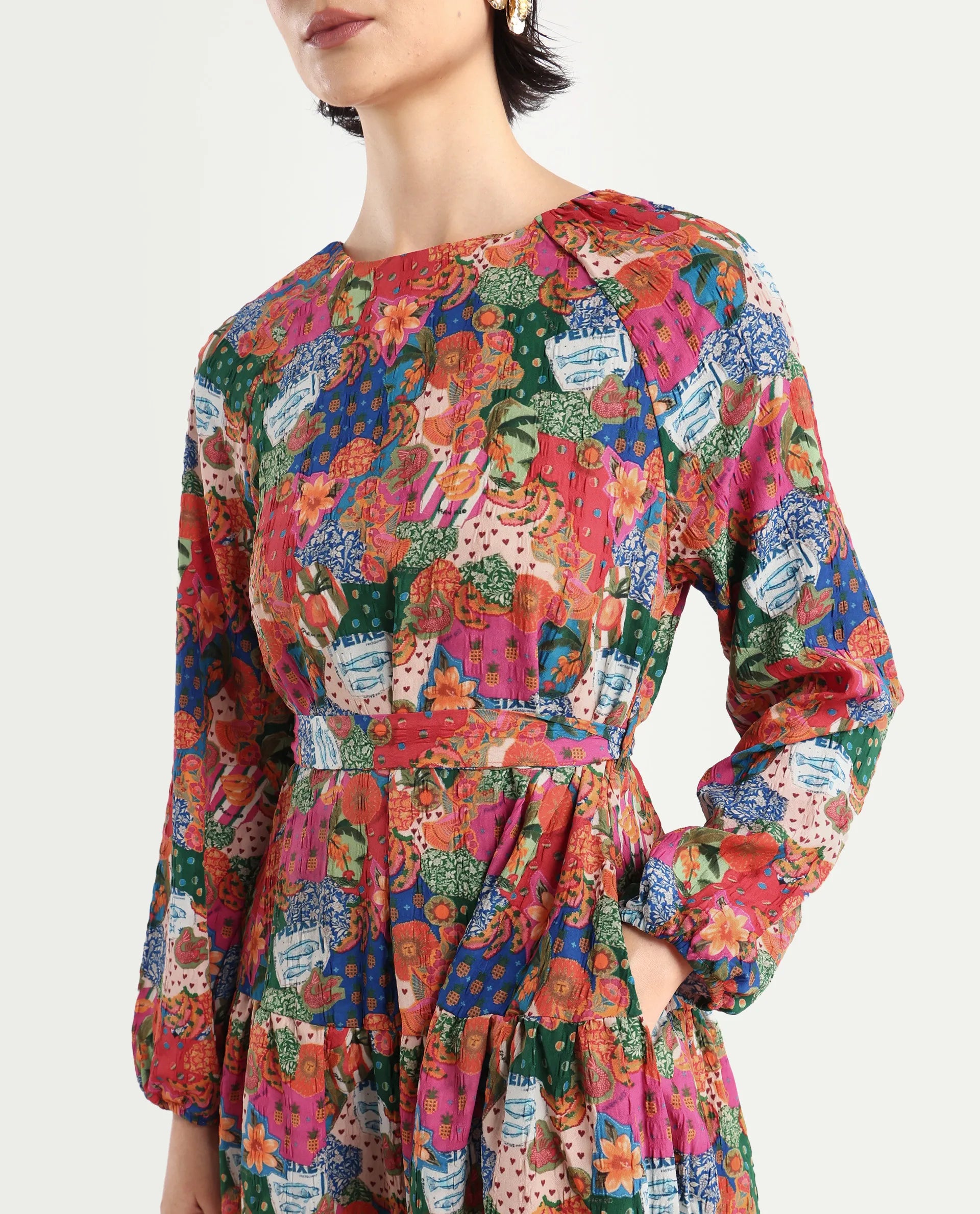 Rareism Women's Lokop Multi Polyester Blend Round Neck Abstract Print Raglan Sleeve Midi Fit And Flare Dress