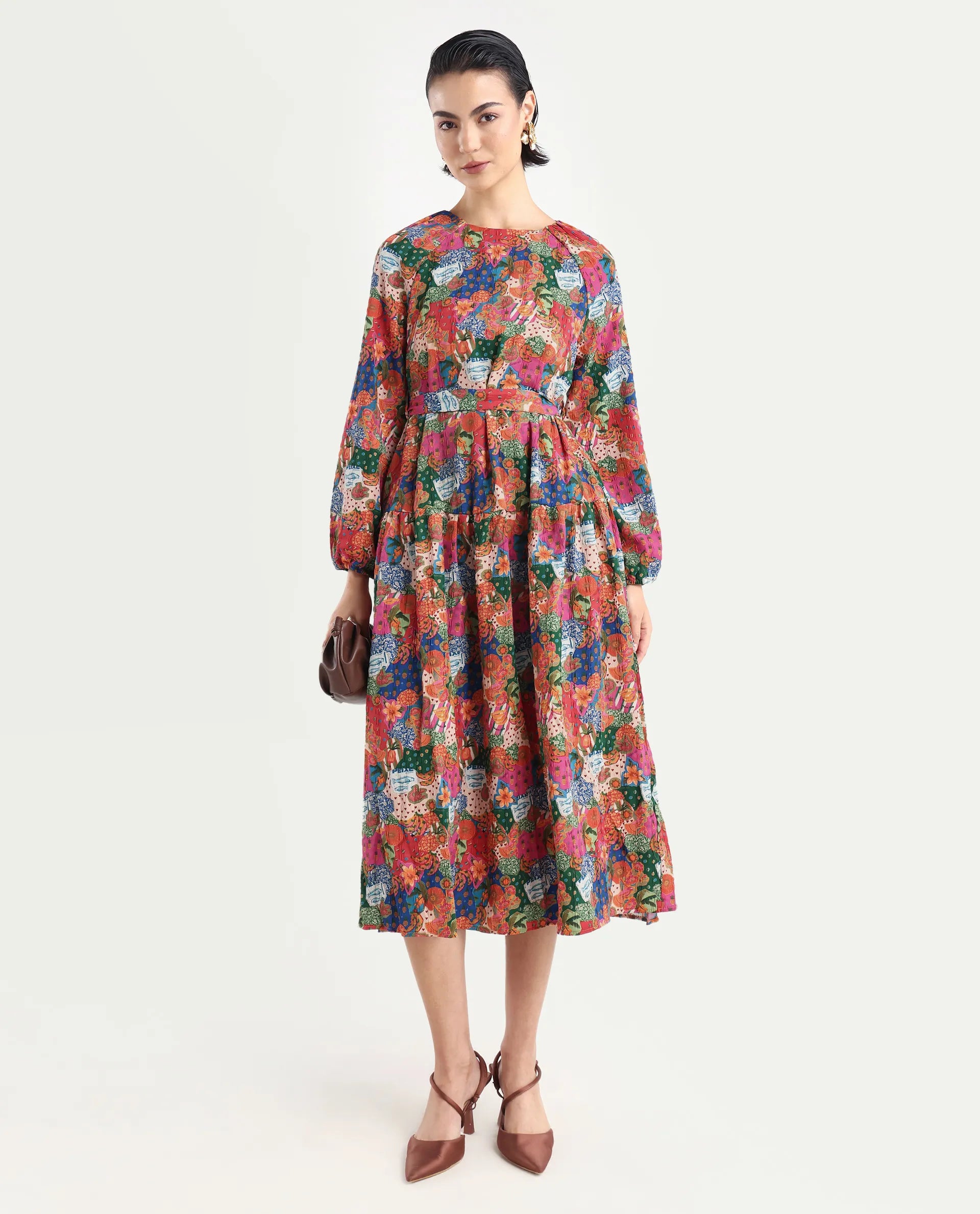 Rareism Women's Lokop Multi Polyester Blend Round Neck Abstract Print Raglan Sleeve Midi Fit And Flare Dress