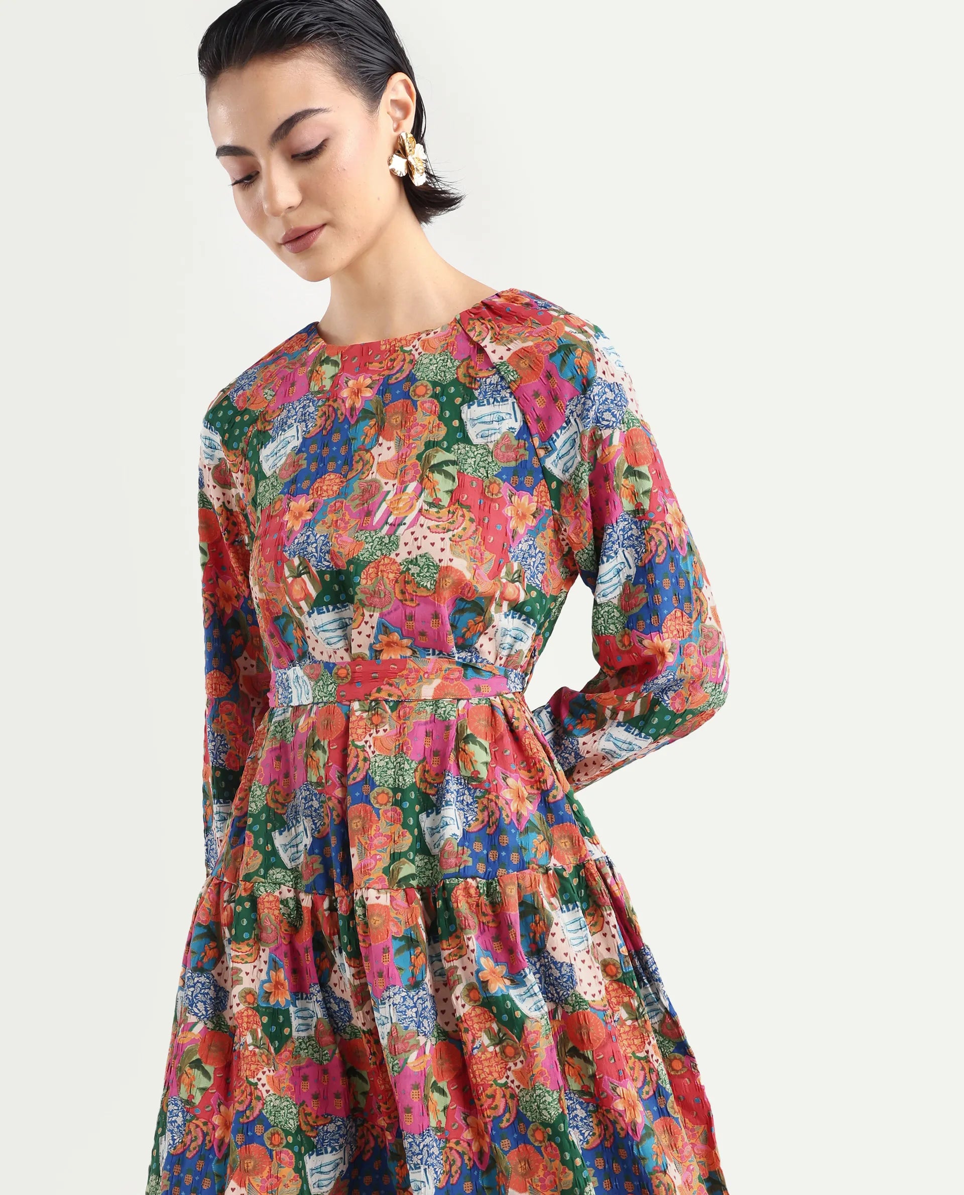 Rareism Women's Lokop Multi Polyester Blend Round Neck Abstract Print Raglan Sleeve Midi Fit And Flare Dress